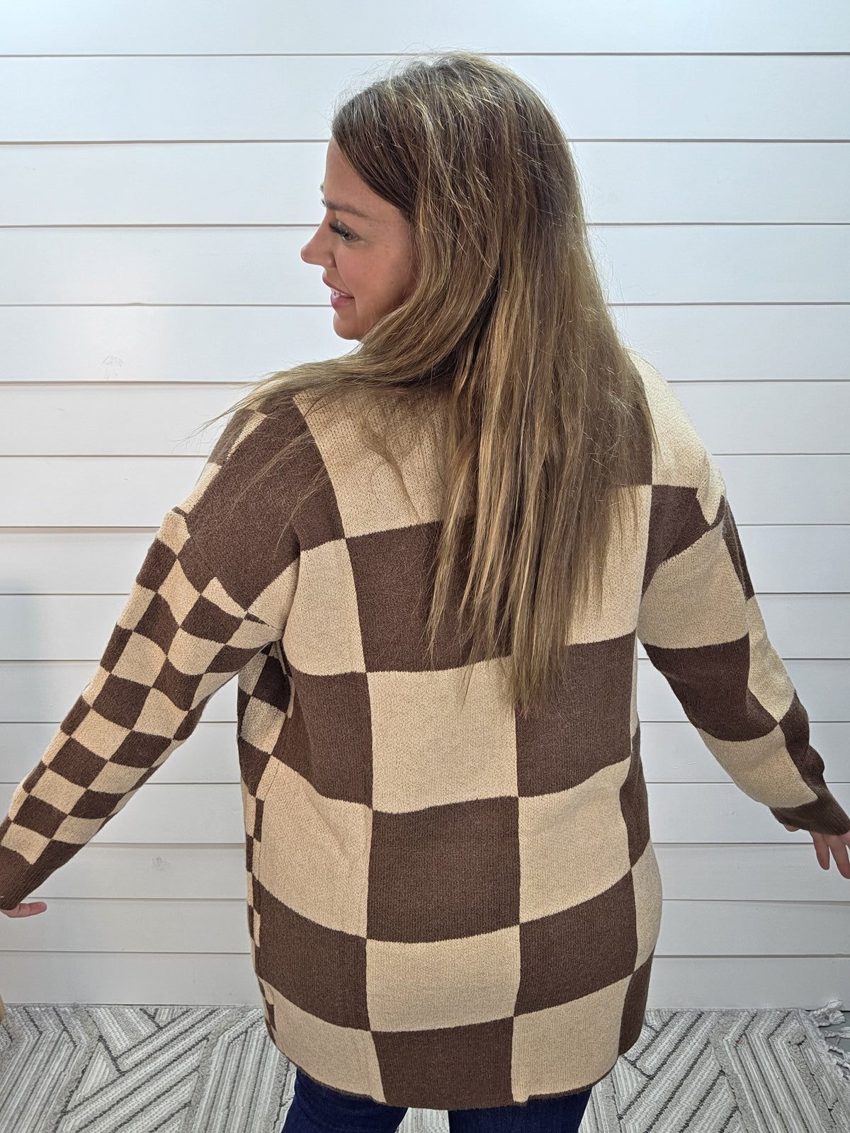 MOCHA/TAUPE CONTRAST CHECKERED CARDIGAN