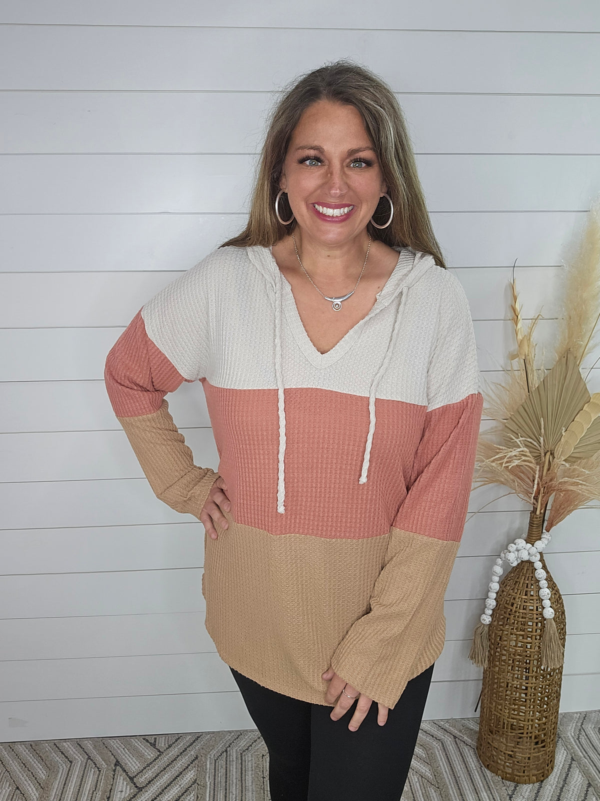 BRUSHED WAFFLE COLORBLOCK TUNIC - OATMEAL/CINAMMON