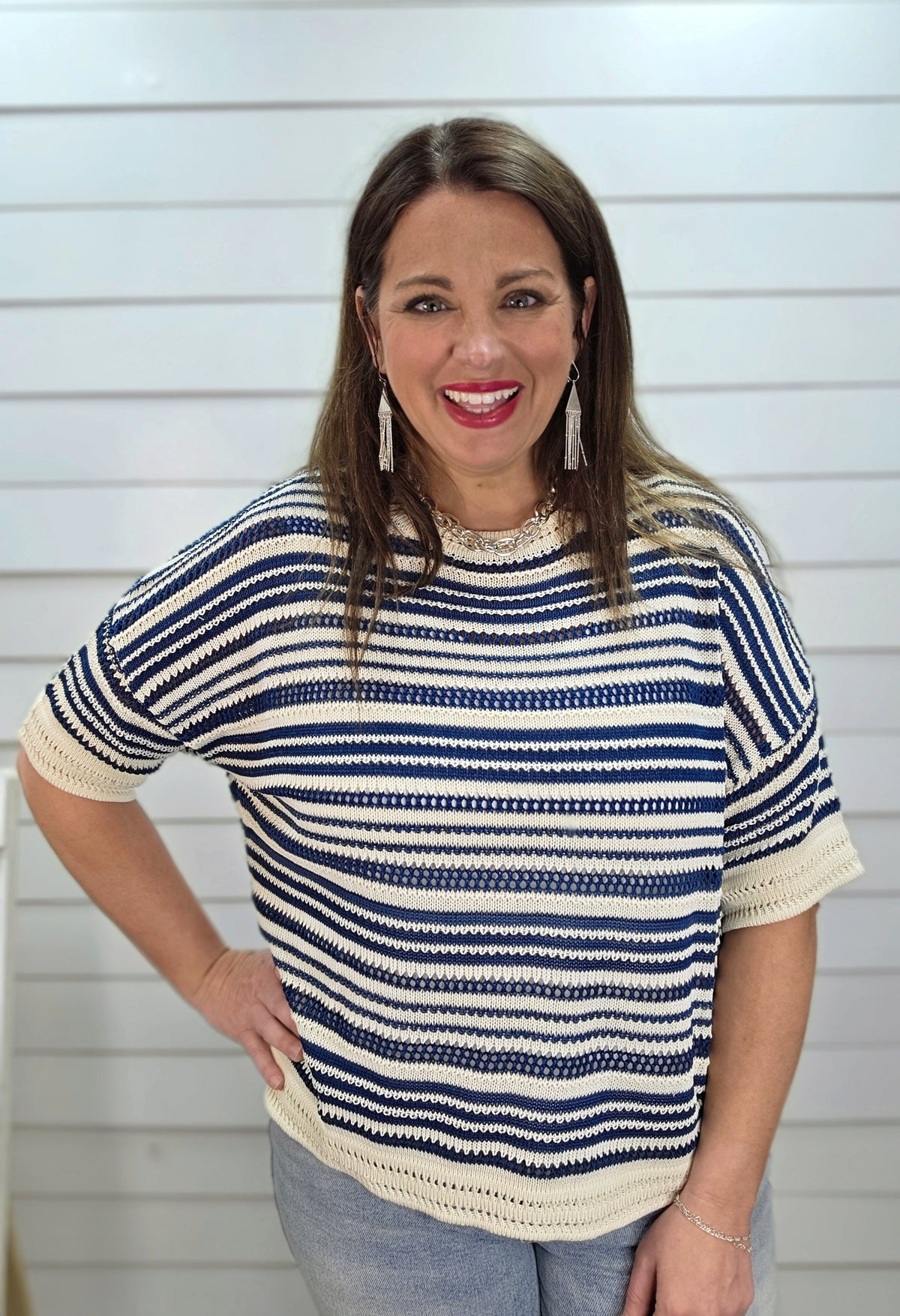 BLUE/CREAM STRIPED OPEN KNIT LOOSE FIT SHORT SLEEVE SWEATER