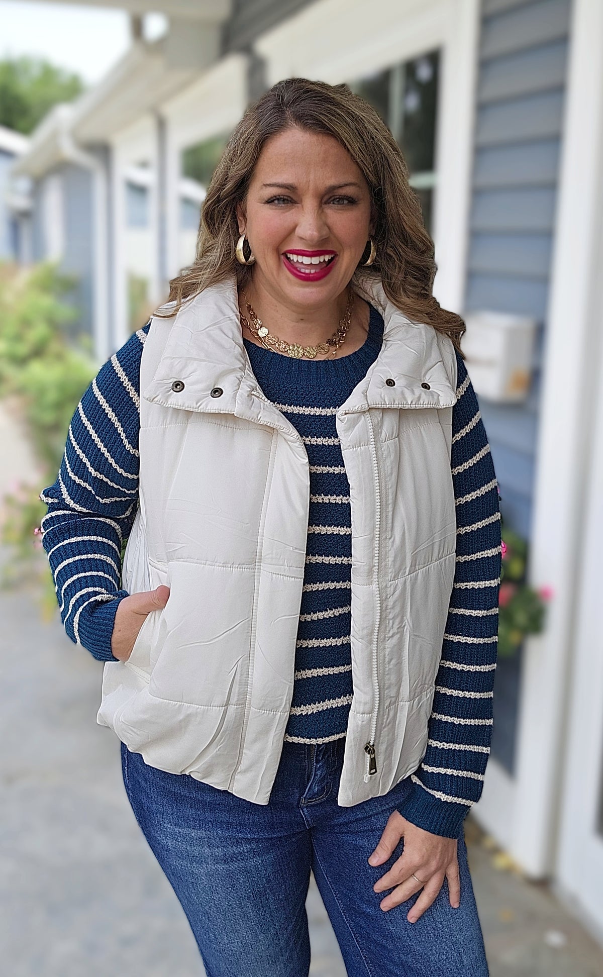 TEAL STRIPED CURVED HEM SWEATER