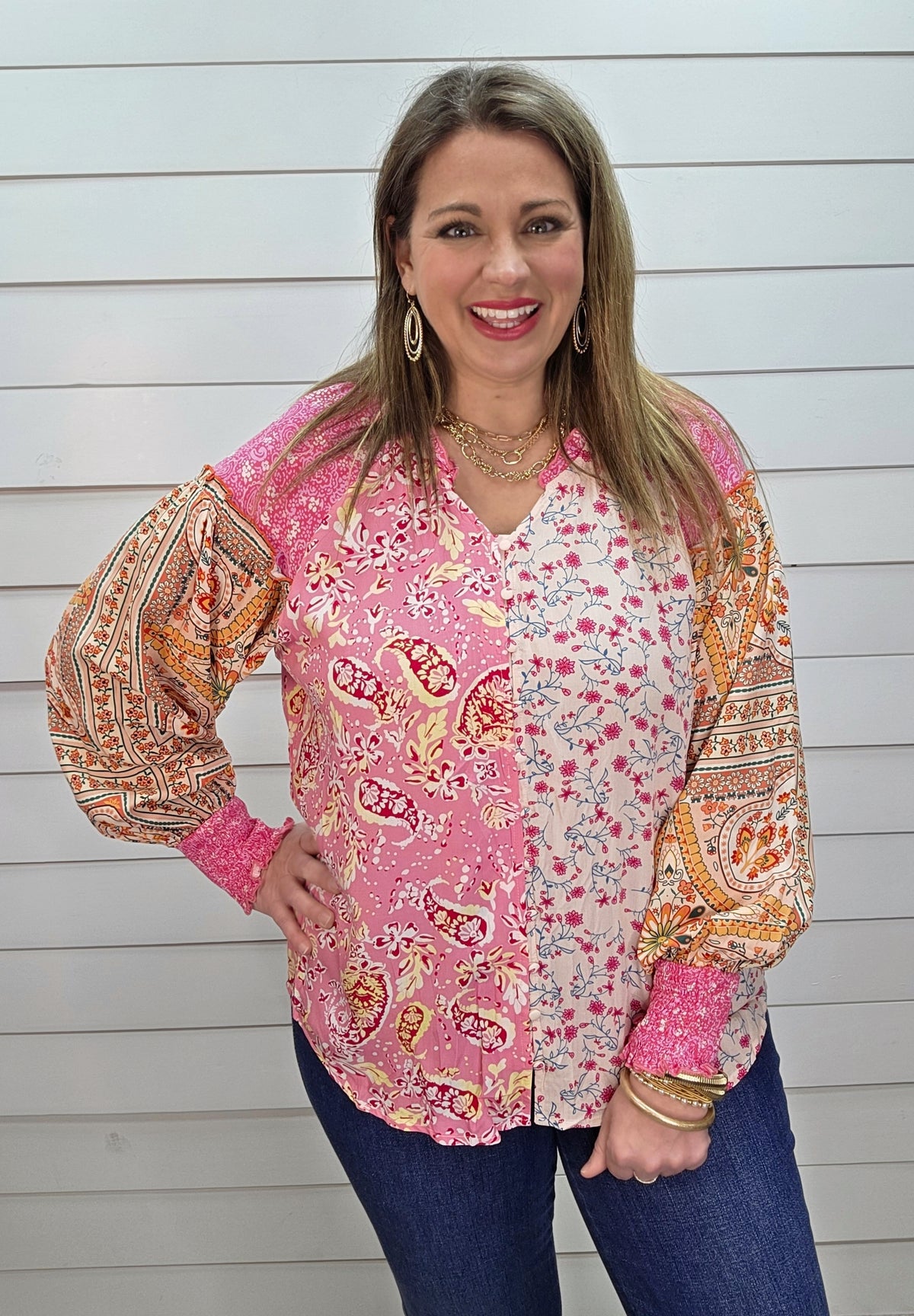 PINK MULTI CONTRAST BUTTON DOWN WOVEN TOP