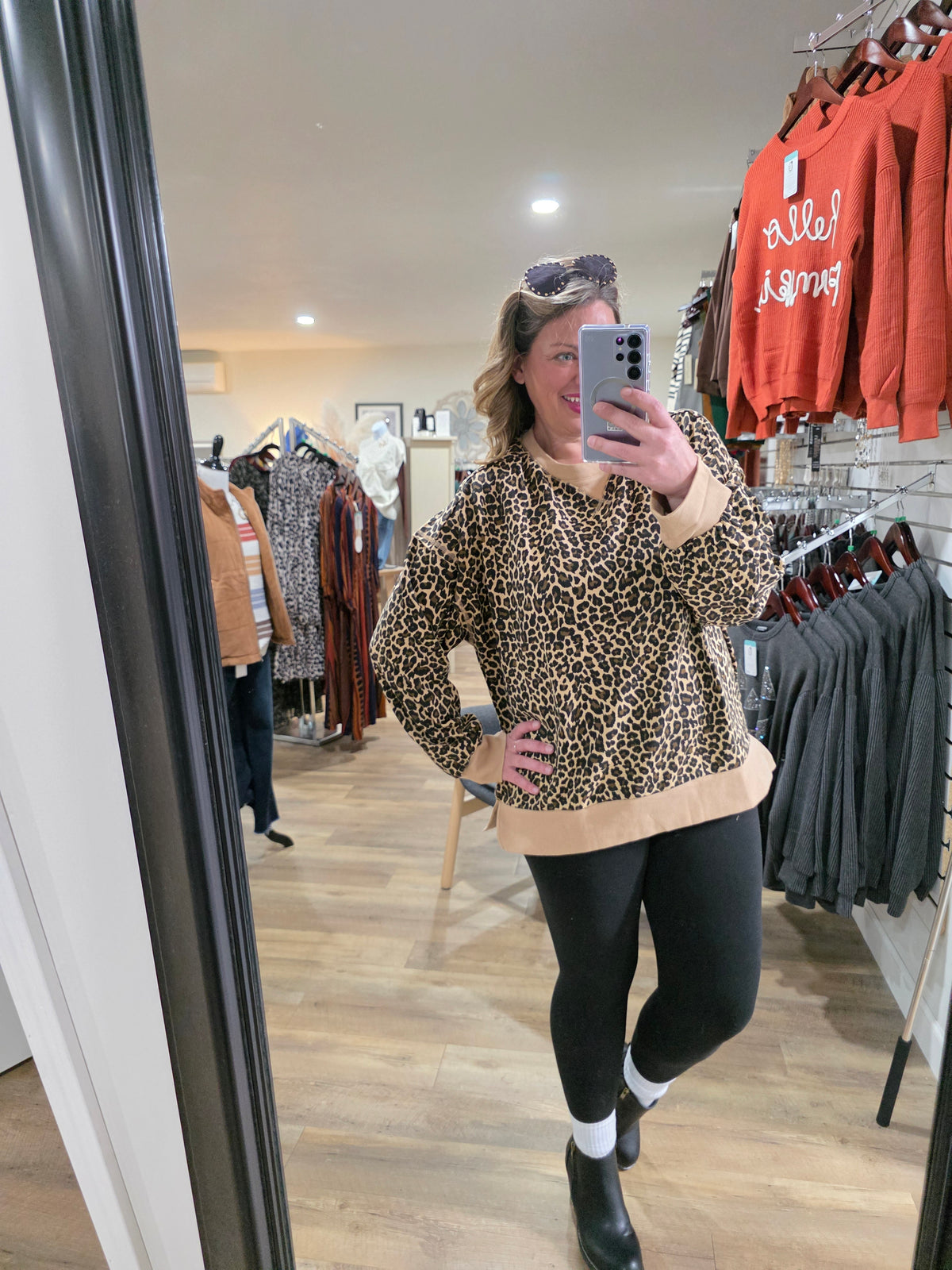 BEIGE LEOPARD FRENCH TERRY PULLOVER TOP