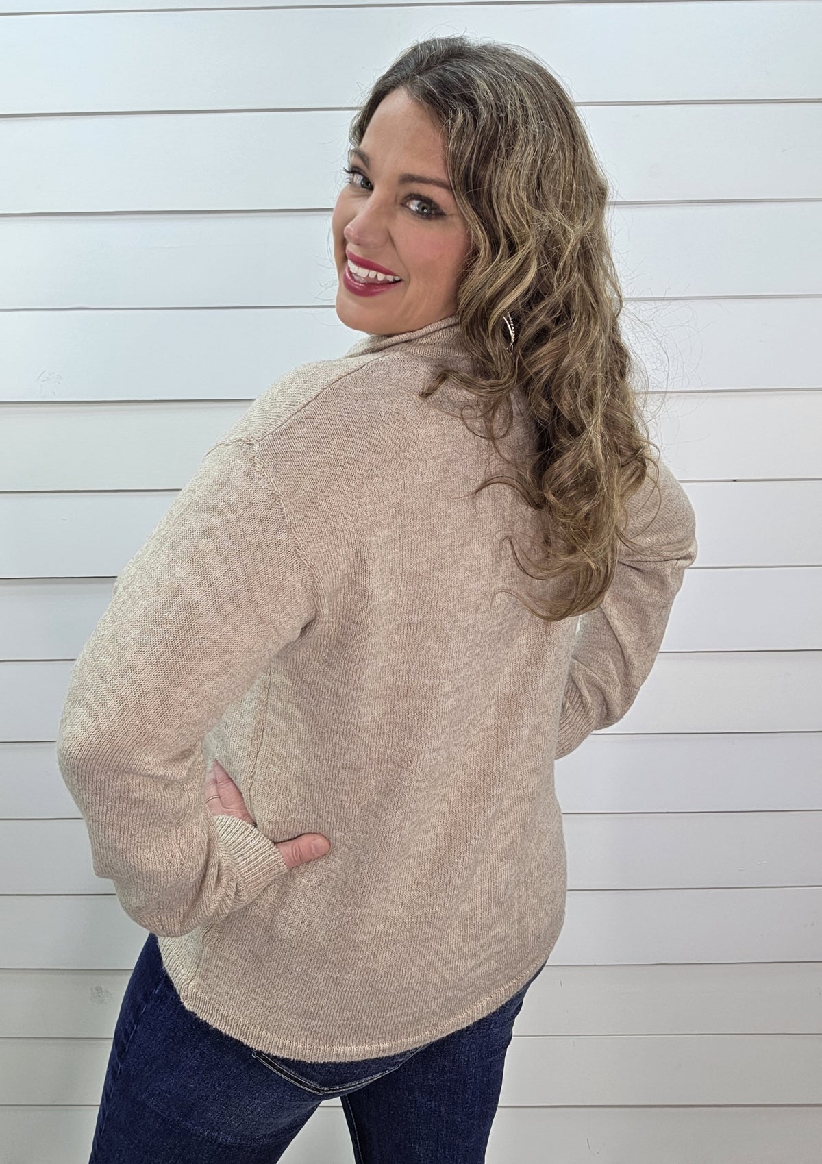 TAUPE QUARTER SNAP SOFT PULLOVER SWEATER