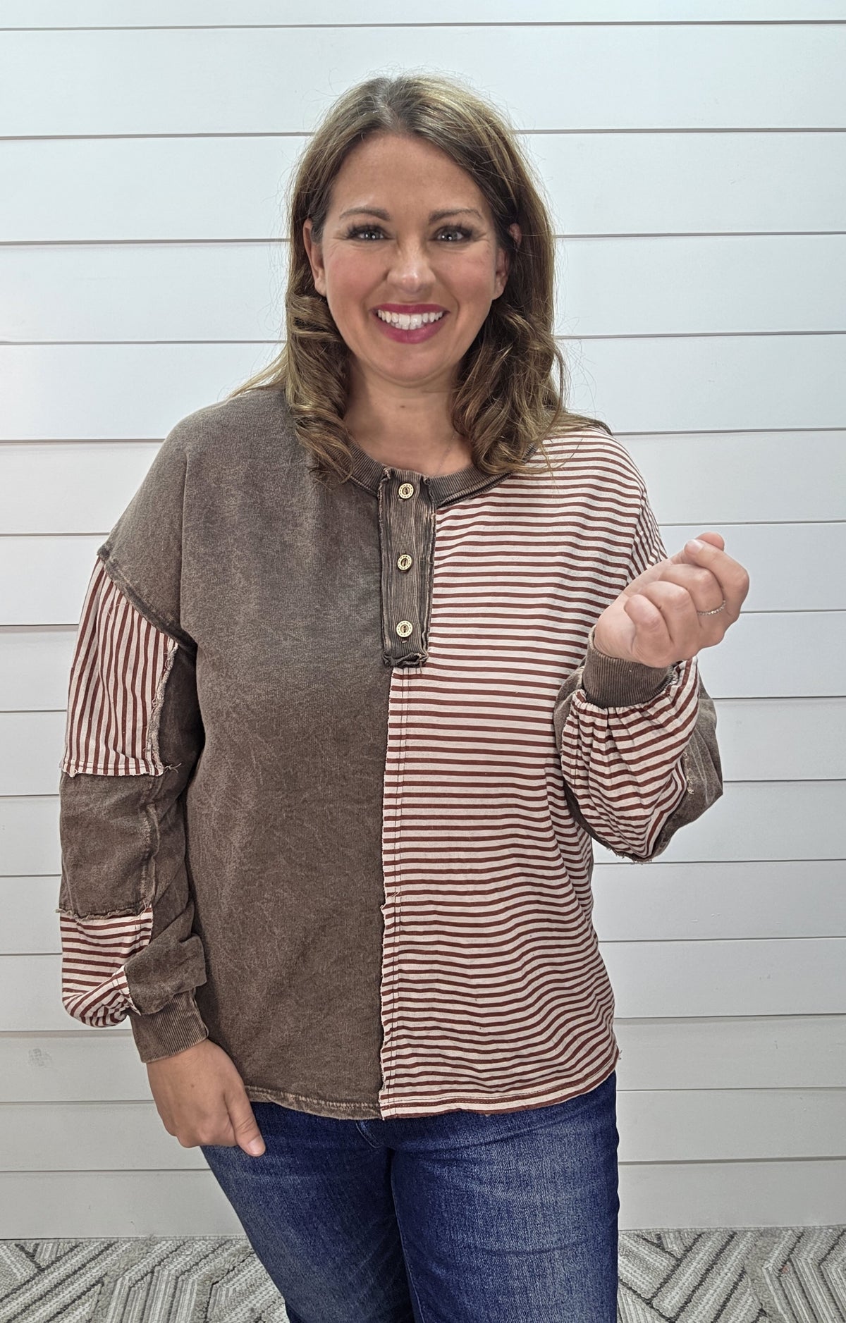 ASH OAK Mineral Washed Striped Contrast Henley Knit Top