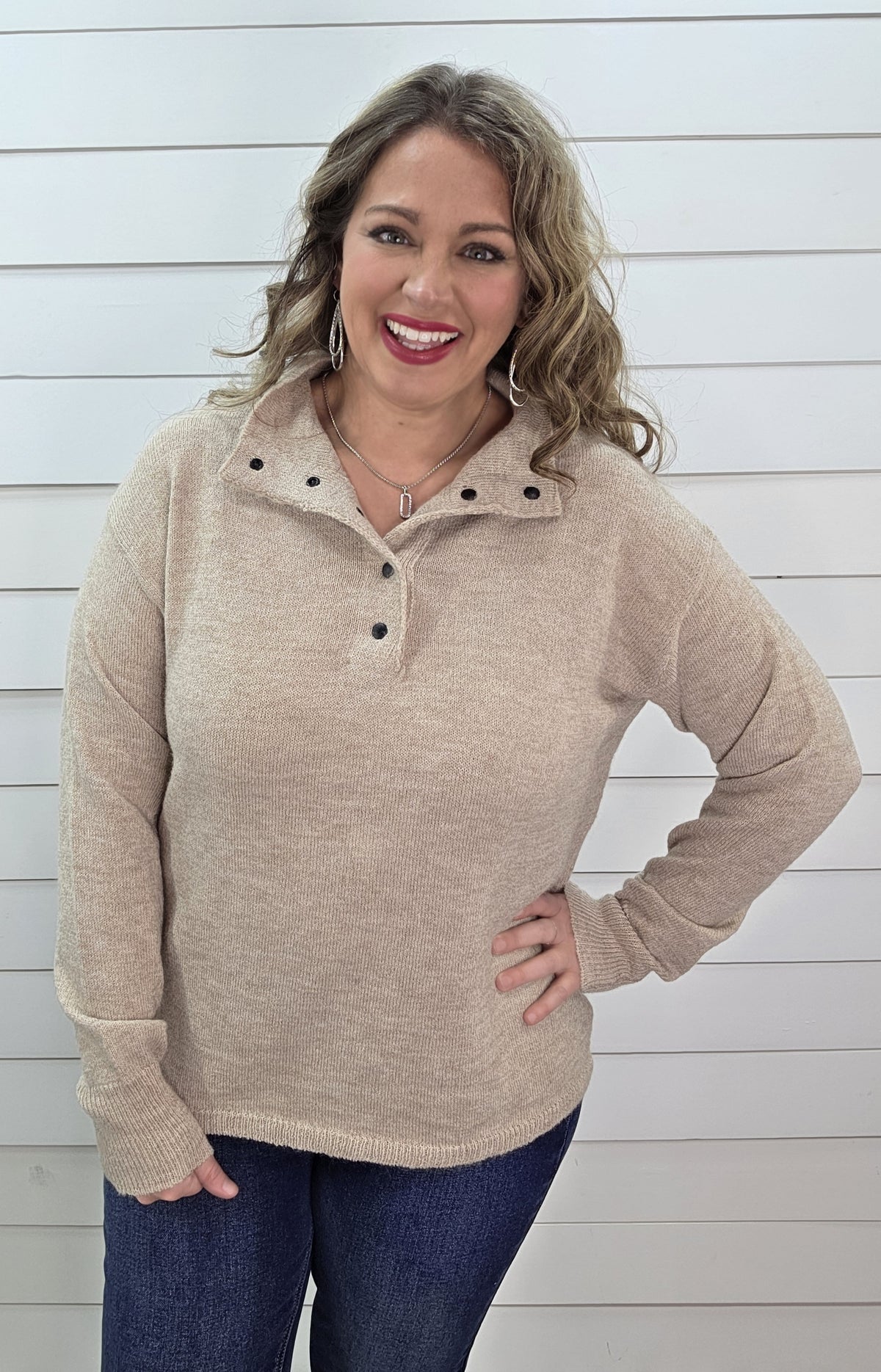 TAUPE QUARTER SNAP SOFT PULLOVER SWEATER