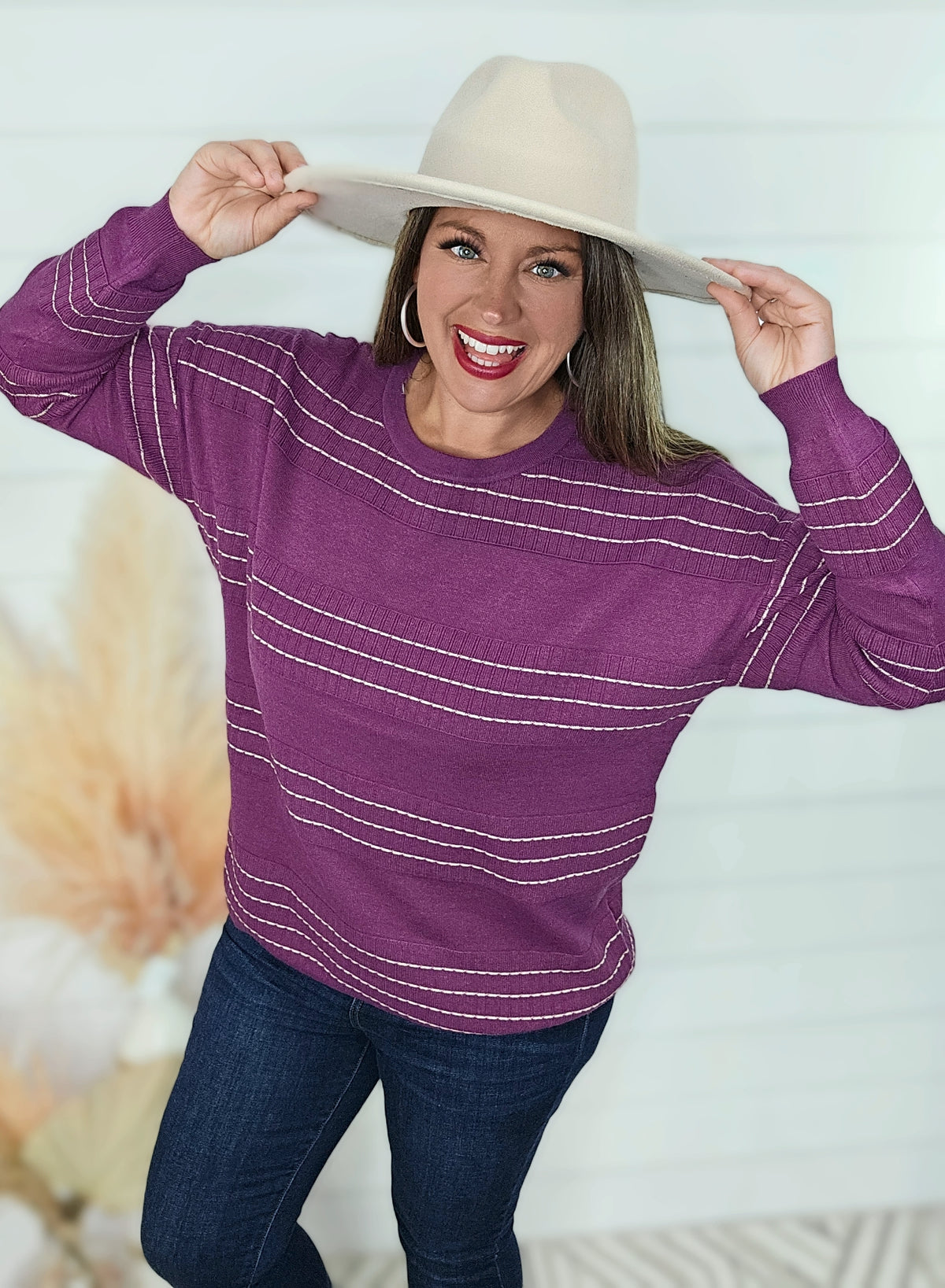 MAGENTA STITCH STRIPED CREW NECK LIGHT WEIGHT SWEATER