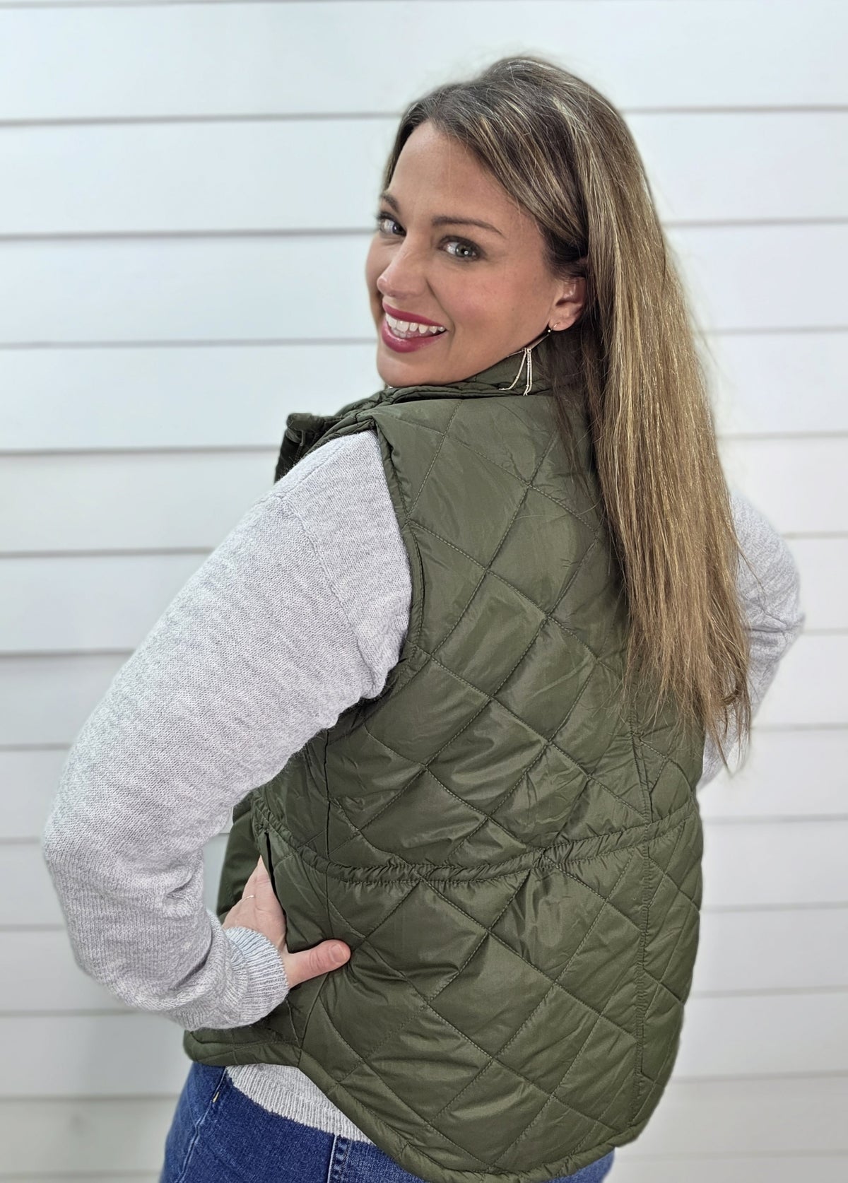 KAREN HART OLIVE QUILTED CINCH ZIPPER VEST