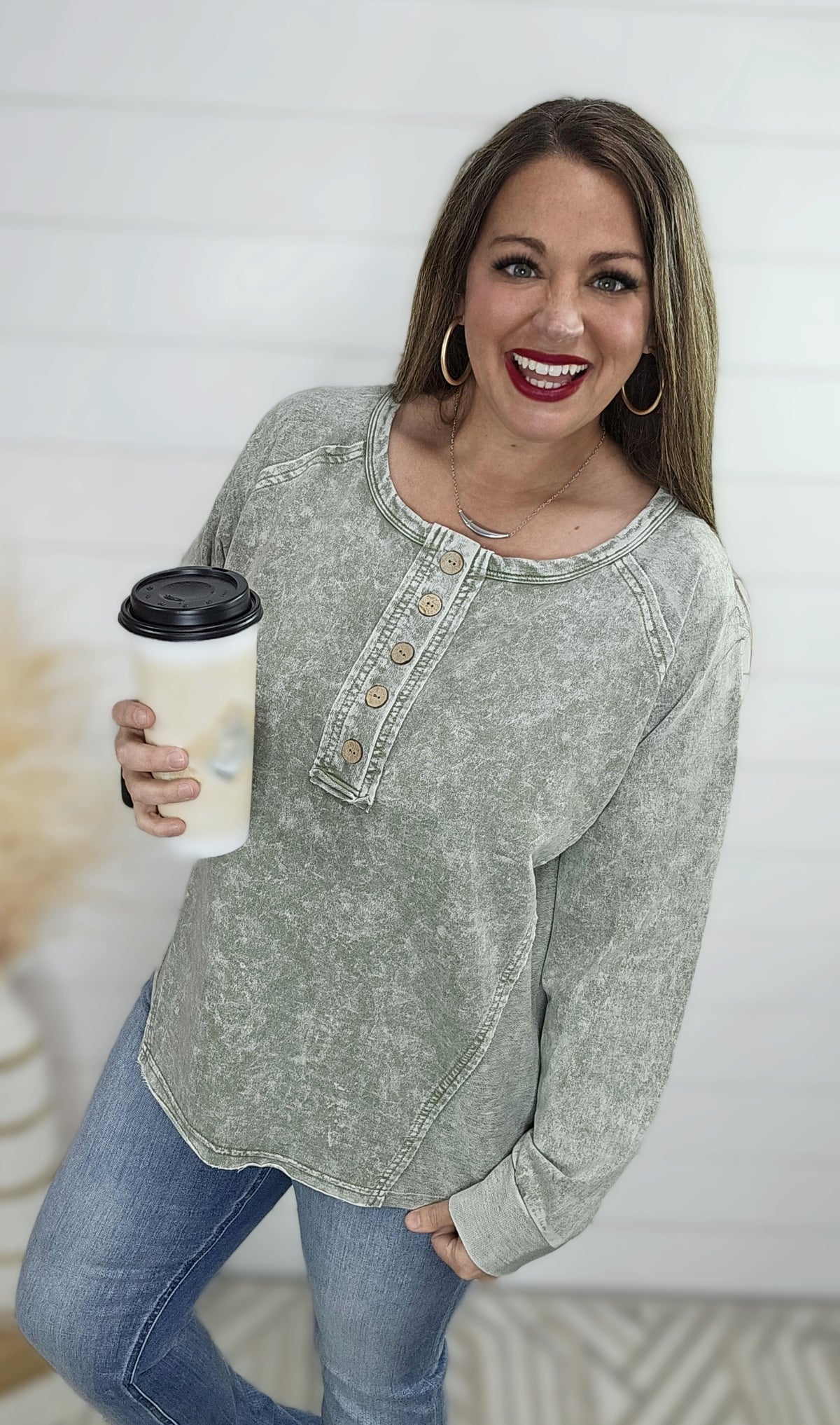 OLIVE MINERAL WASH HENLEY LONG SLEEVE KNIT TOP