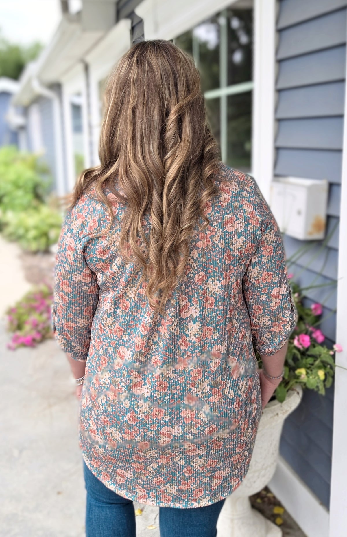 TEAL RIBBED FLORAL 3/4 SLEEVE KNIT TOP