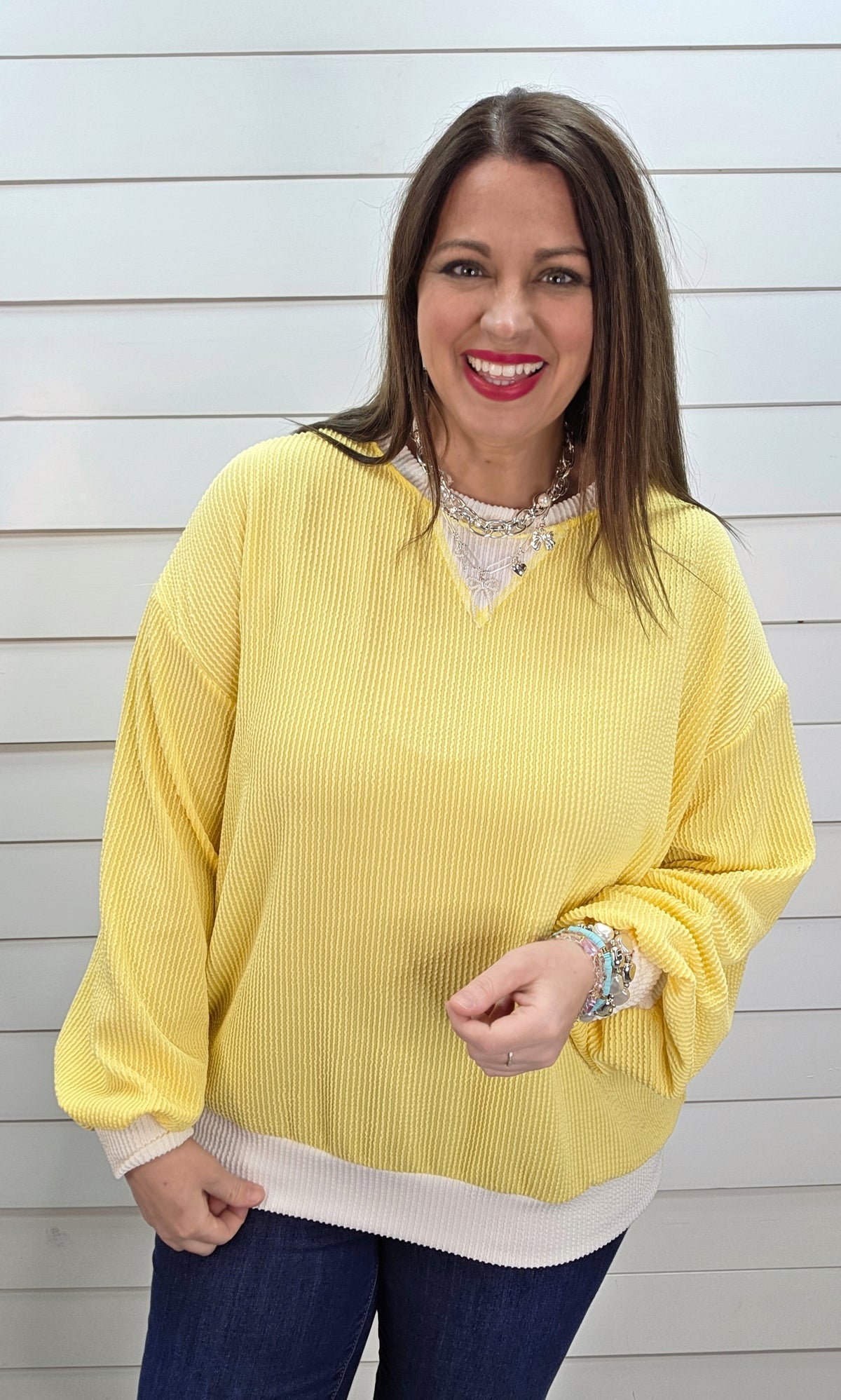 YELLOW RAISED RIBBED LONG SLEEVE KNIT TOP