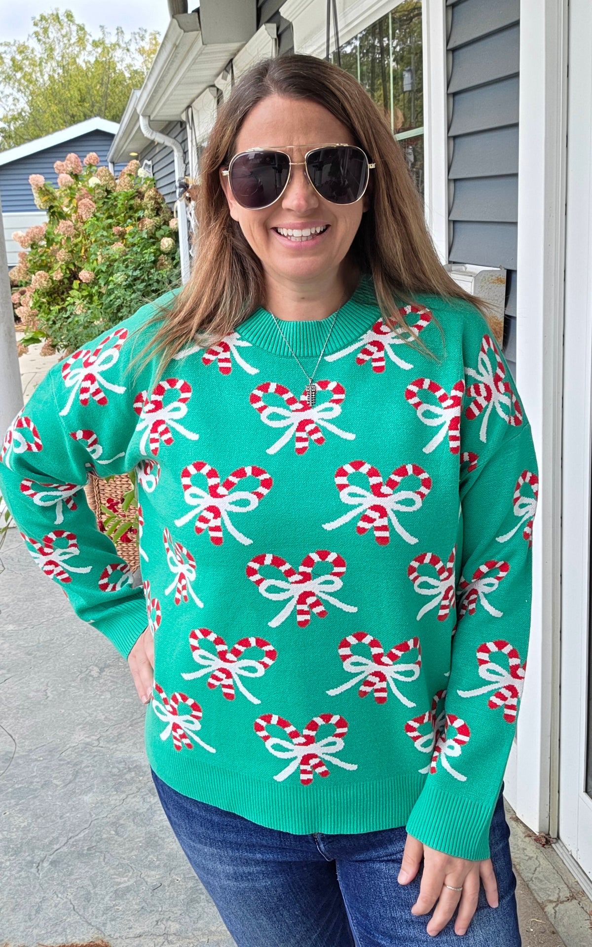 GREEN CANDY CANE Jacquarded, Crew Neck SWEATER