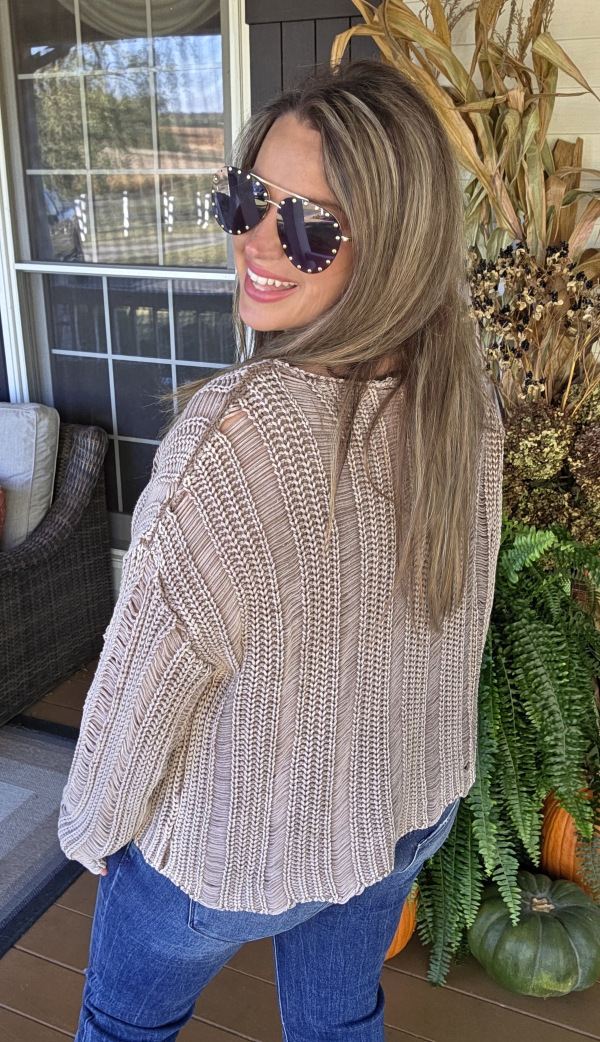 MOCHA MINERAL WASH LOOSE KNIT PULLOVER SWEATER