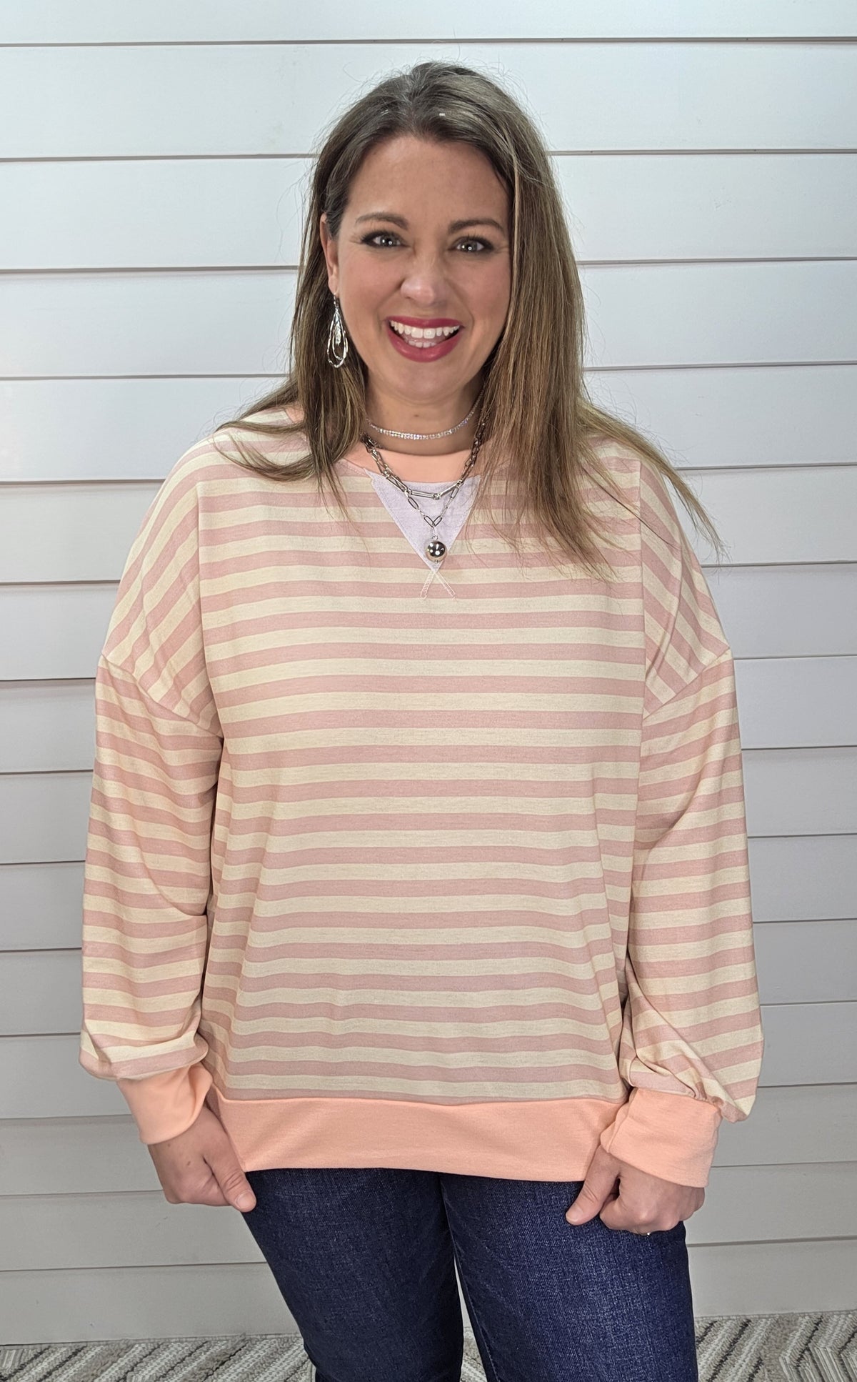 PINK/PEACH/OATMEAL STRIPED LOOSE FIT LONG SLEEVE KNIT TOP