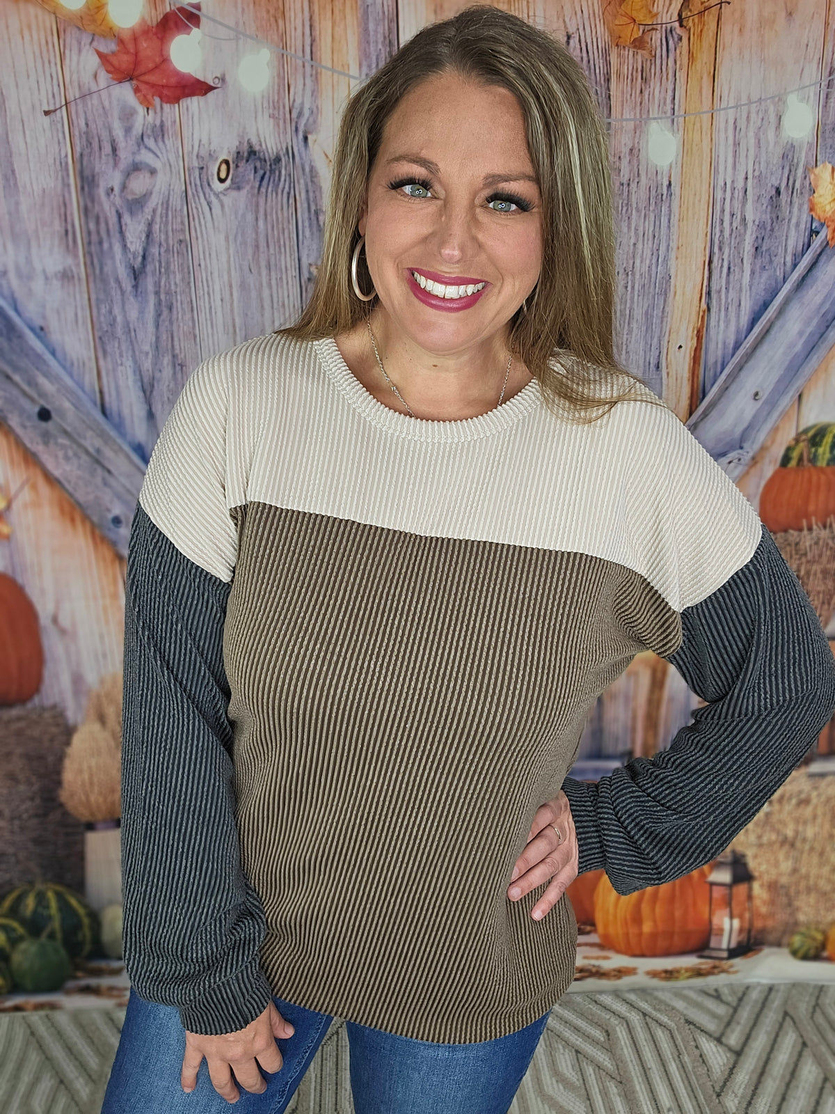 BLACK/CREAM/BROWM COLORBLOCK RIBBED LONG SLEEVE TOP