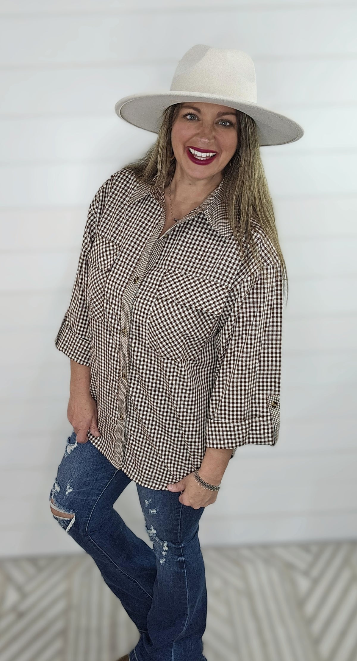 BROWN CHECK ROLL TAB PLAID BUTTON DOWN TOP