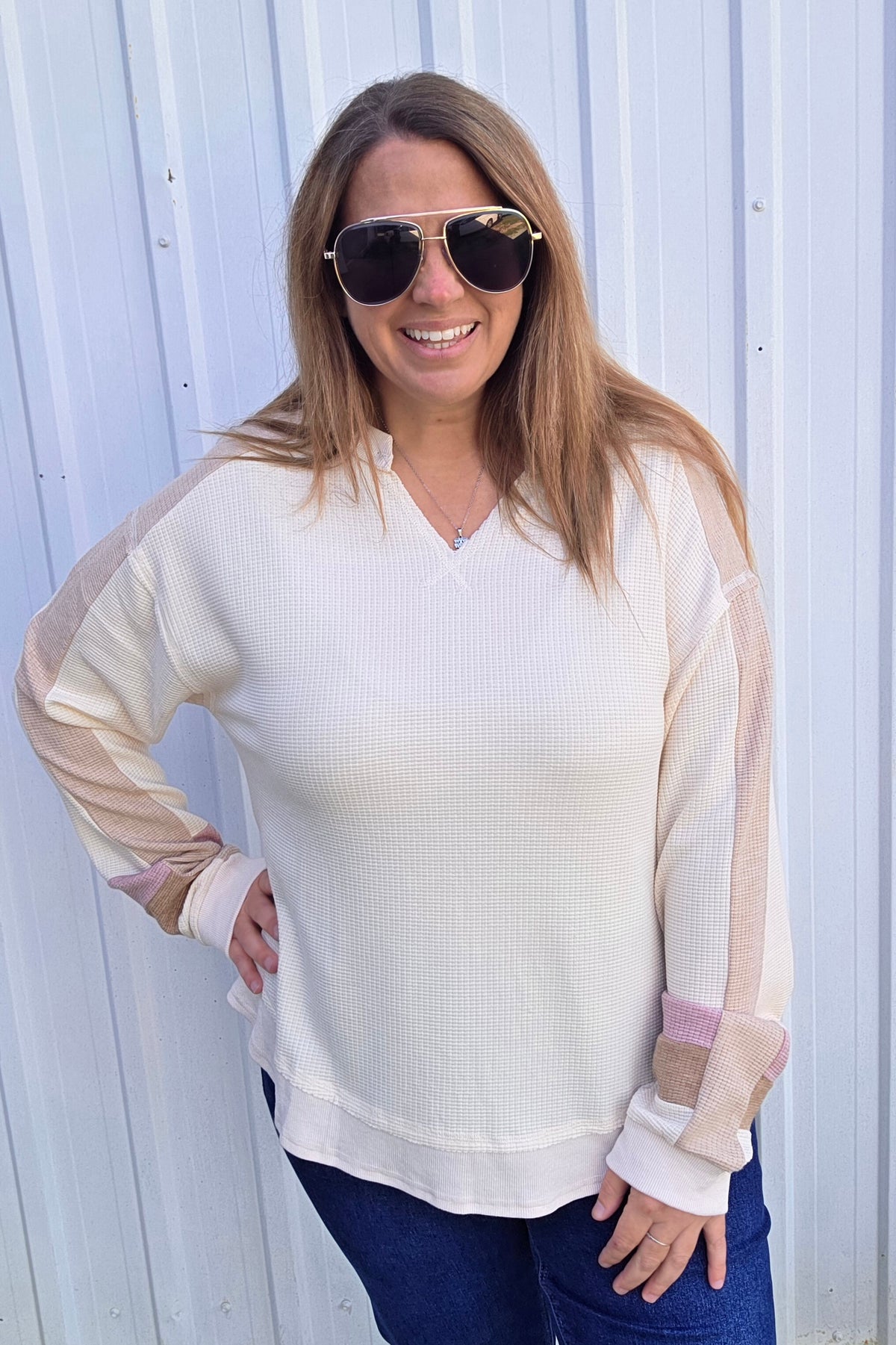 Natural Waffle Texture V Neck Knit top w/ Color Block Sleeves