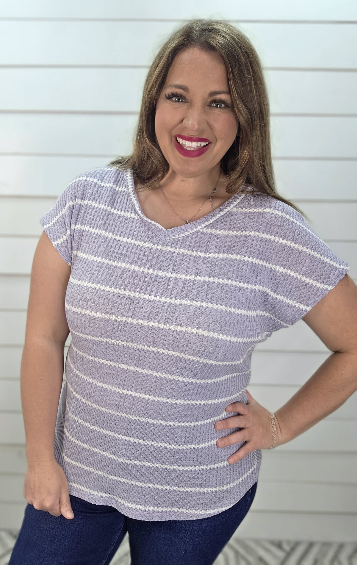 LAVENDER STRIPED WAFFLE KNIT V NECK TOP