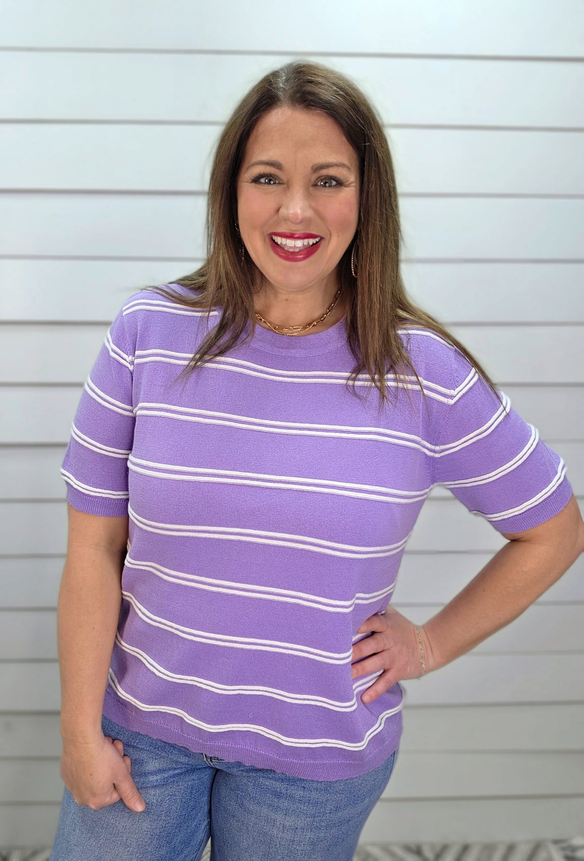 LAVENDER STRIPED SHORT SLEEVE LIGHT WEIGHT SWEATER KNIT TOP