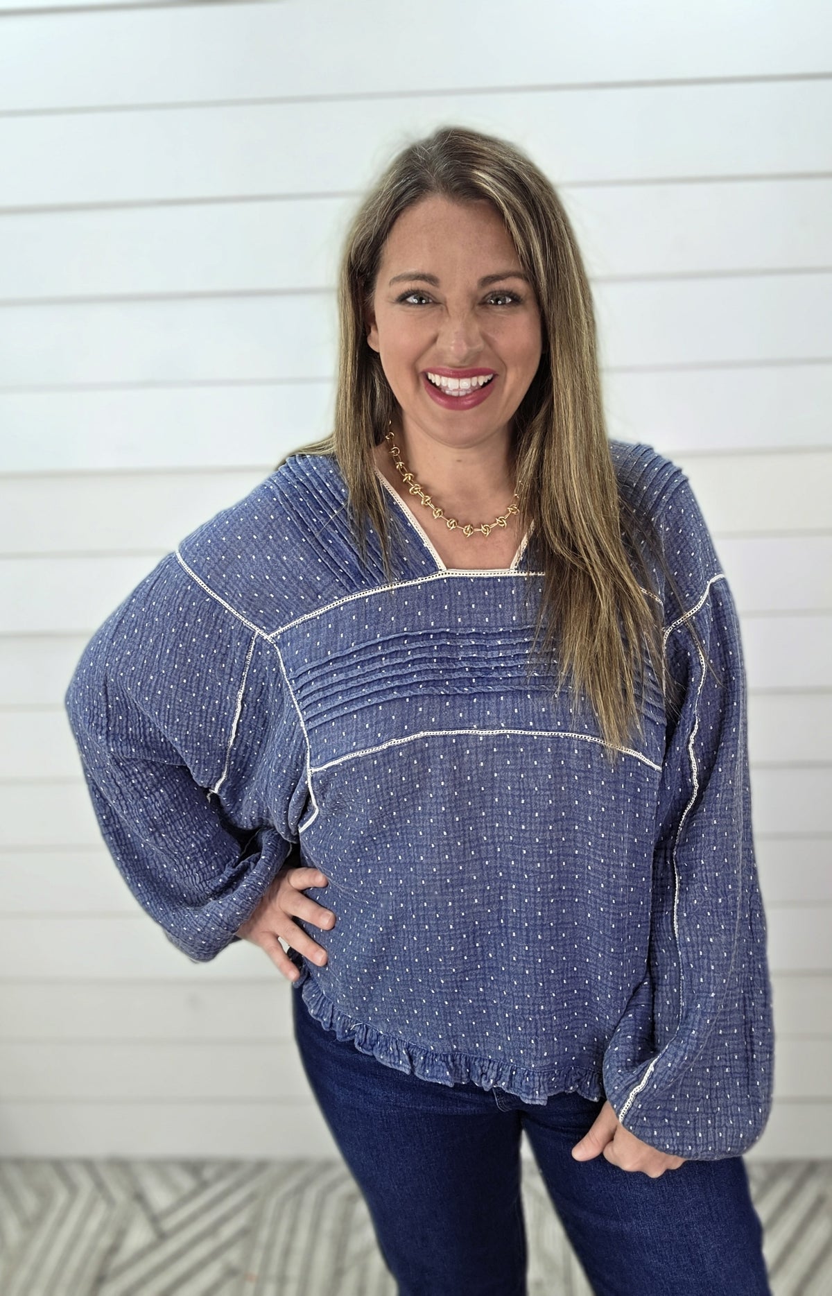 NAVY DOLMAN DOT OVERSIZED TOP