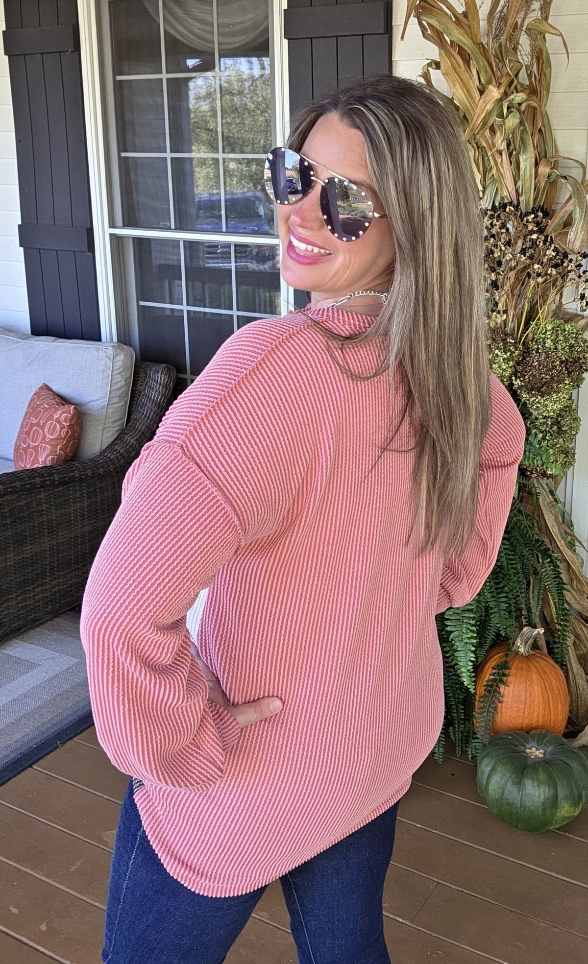 ROSE MAUVE/CREM/CHOCOALTE RAISED RIBBED COLORBLOCK HENLEY KNIT TOP