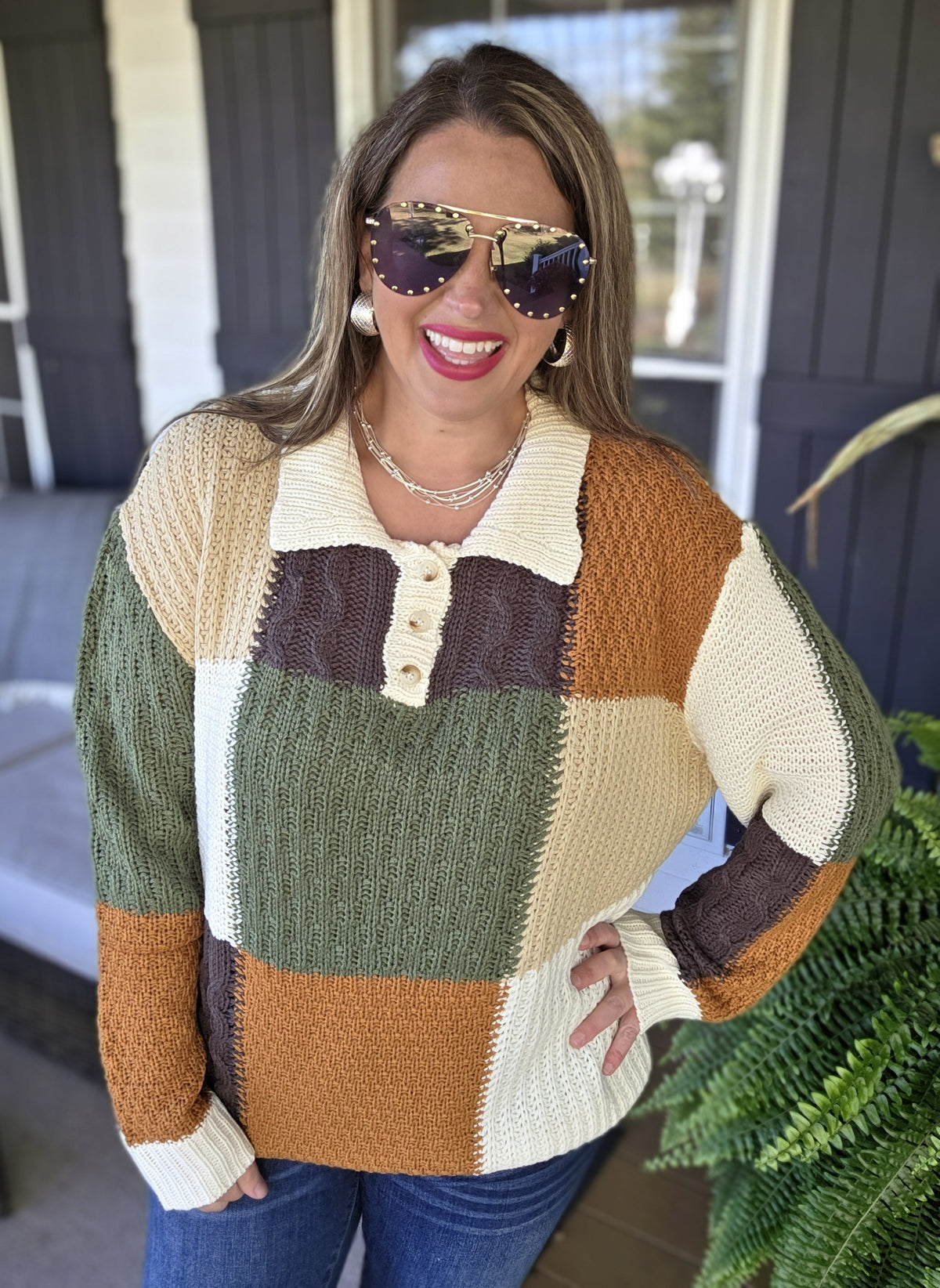 OLIVE/IVORY/CAMEL KNIT BLOCK BUTTON TRIM SWEATER