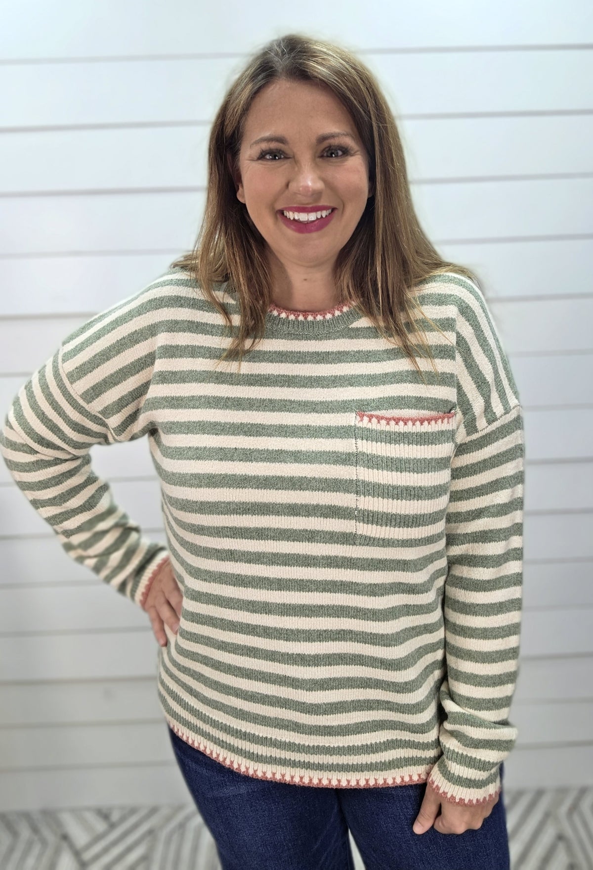 DARK SAGE STRIPED Pop Color Blanket Stitch Finished Chest Pocket Long Sleeve Striped Sweater