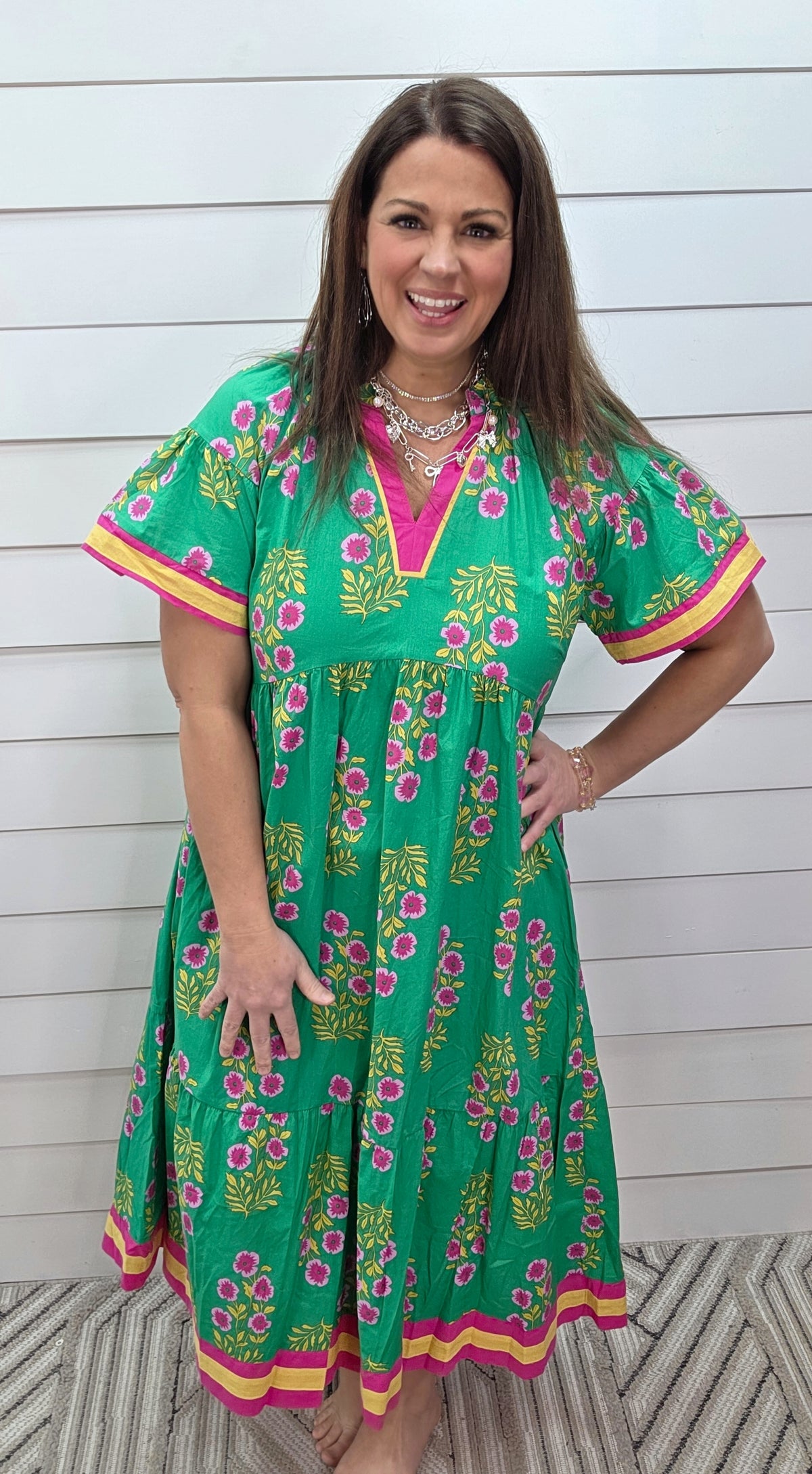 GREEN/PINK/YELLOW FLORAL V NECK LONG DRESS