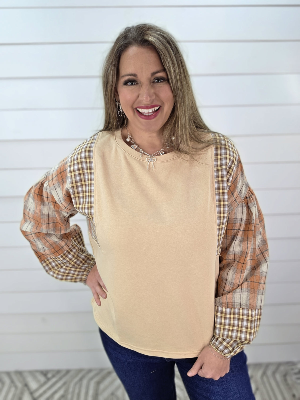 OATMEAL/RUST PLAID CONTRAST FRENCH TERRY TOP