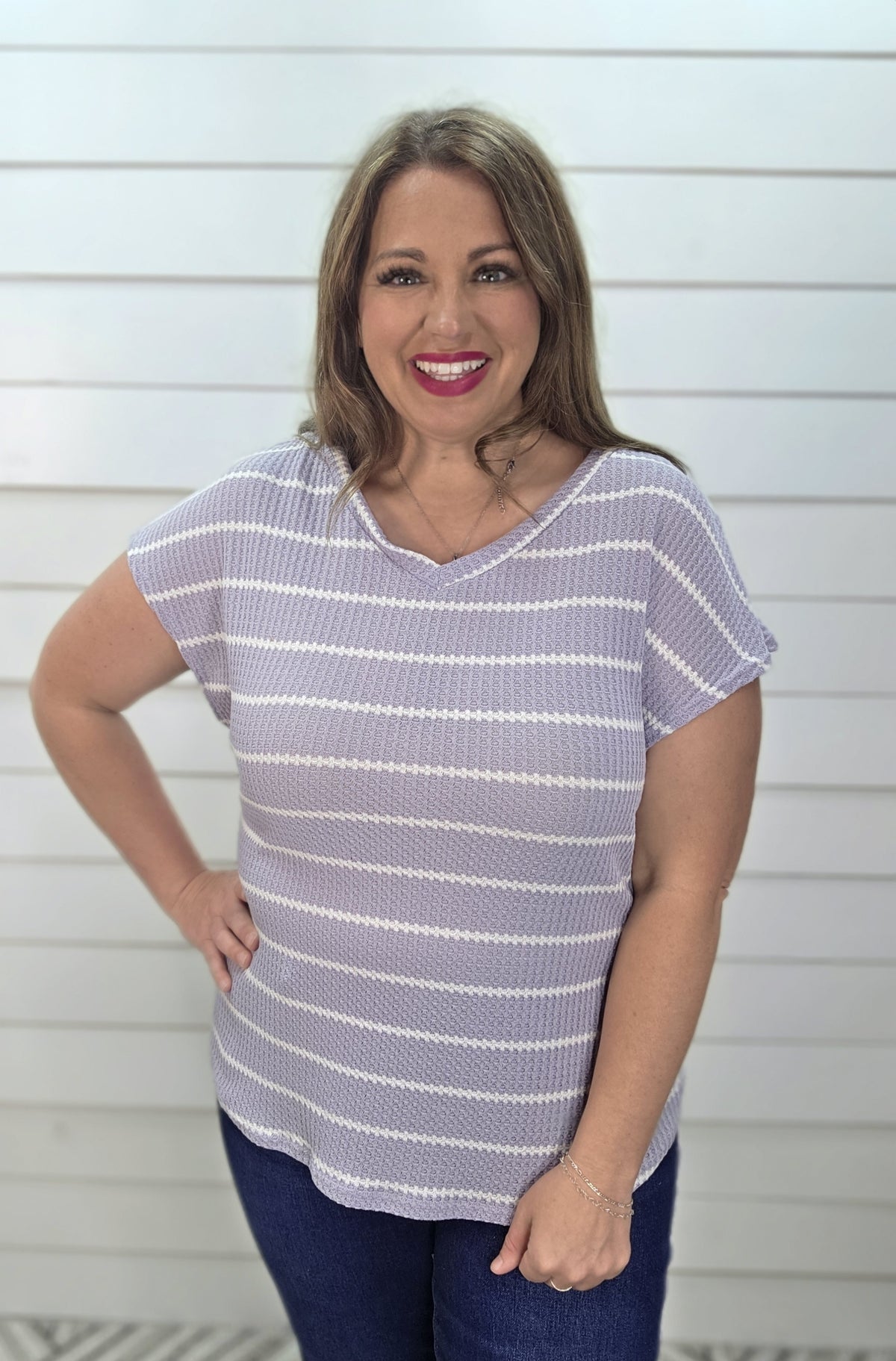 LAVENDER STRIPED WAFFLE KNIT V NECK TOP