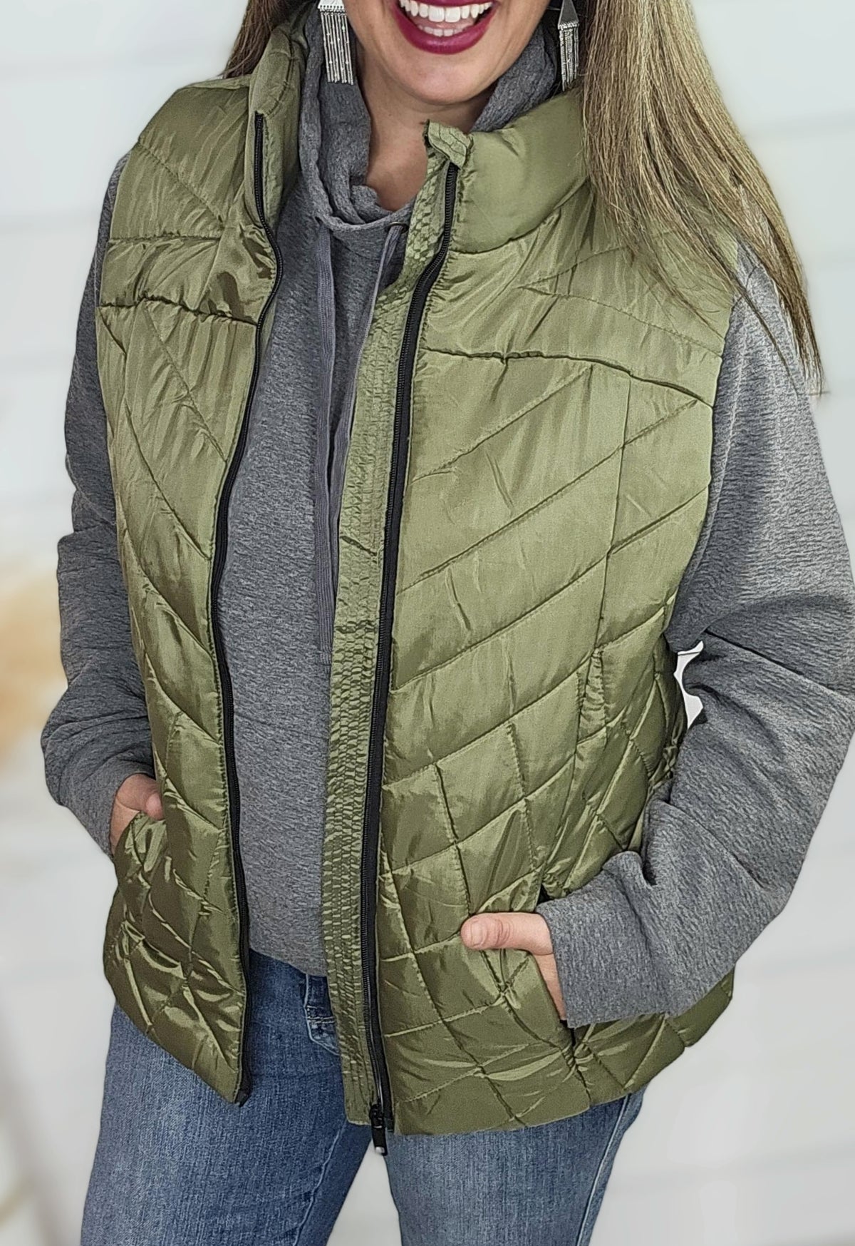 KAREN HART OLIVE QUILTED FULL ZIP VEST