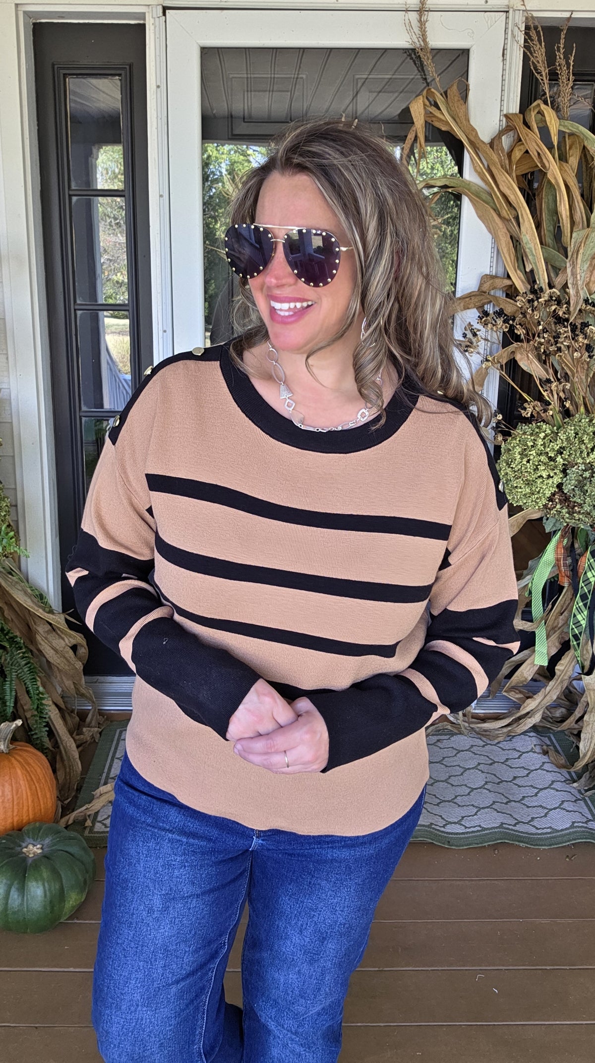 KAREN HART TAN/BLACK STRIPED SWEATER WITH BUTTON ACCENTS