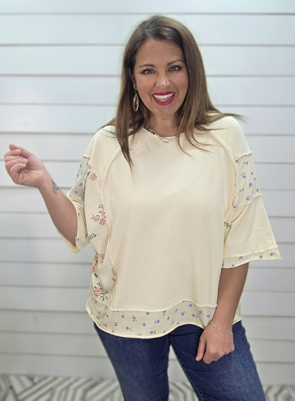 OFF WHITE FLORAL CONTRAST OVERSIZED FRENCH TERRY KNIT TOP