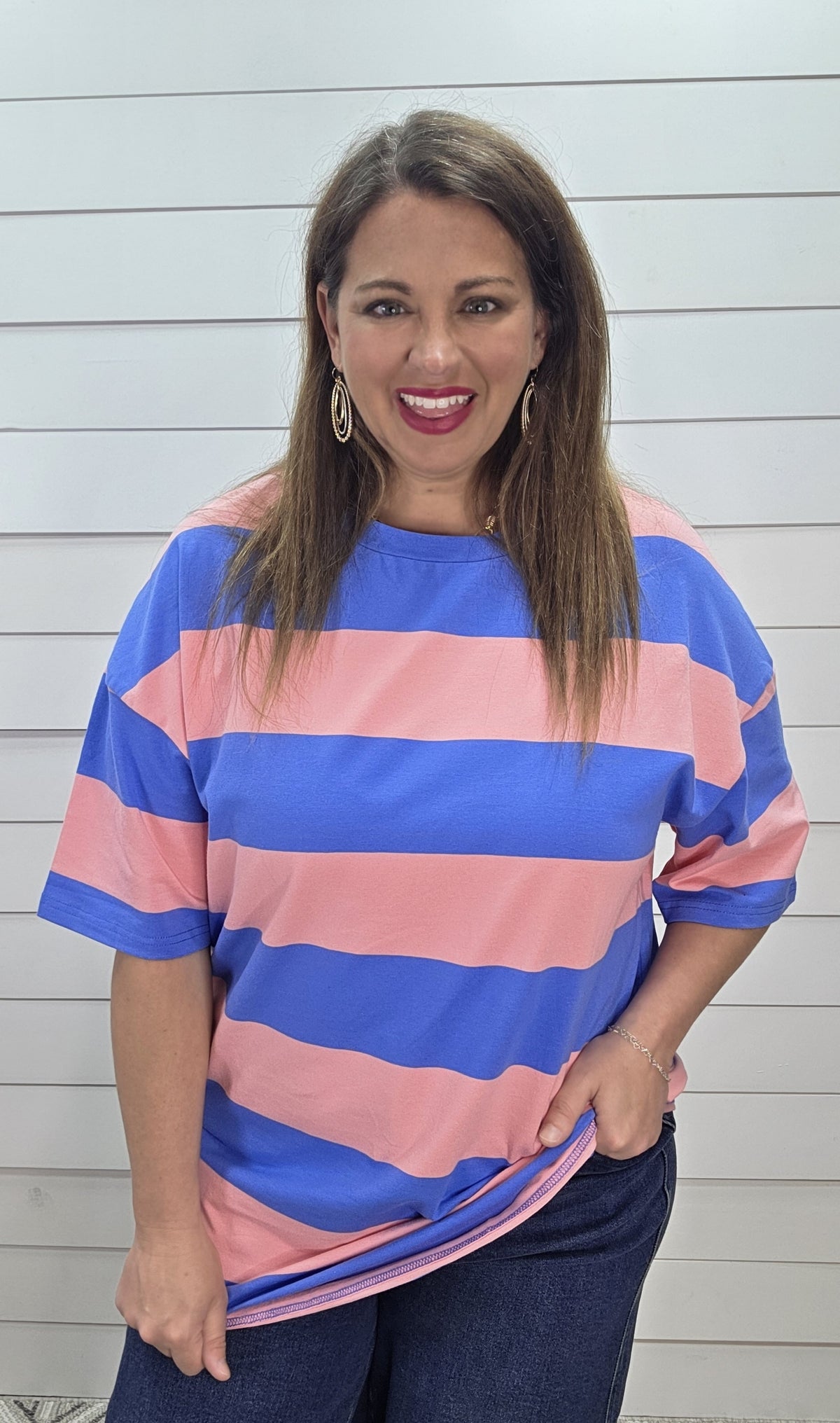 PINK AND BLUE BOLD STRIPE TUNIC TEE