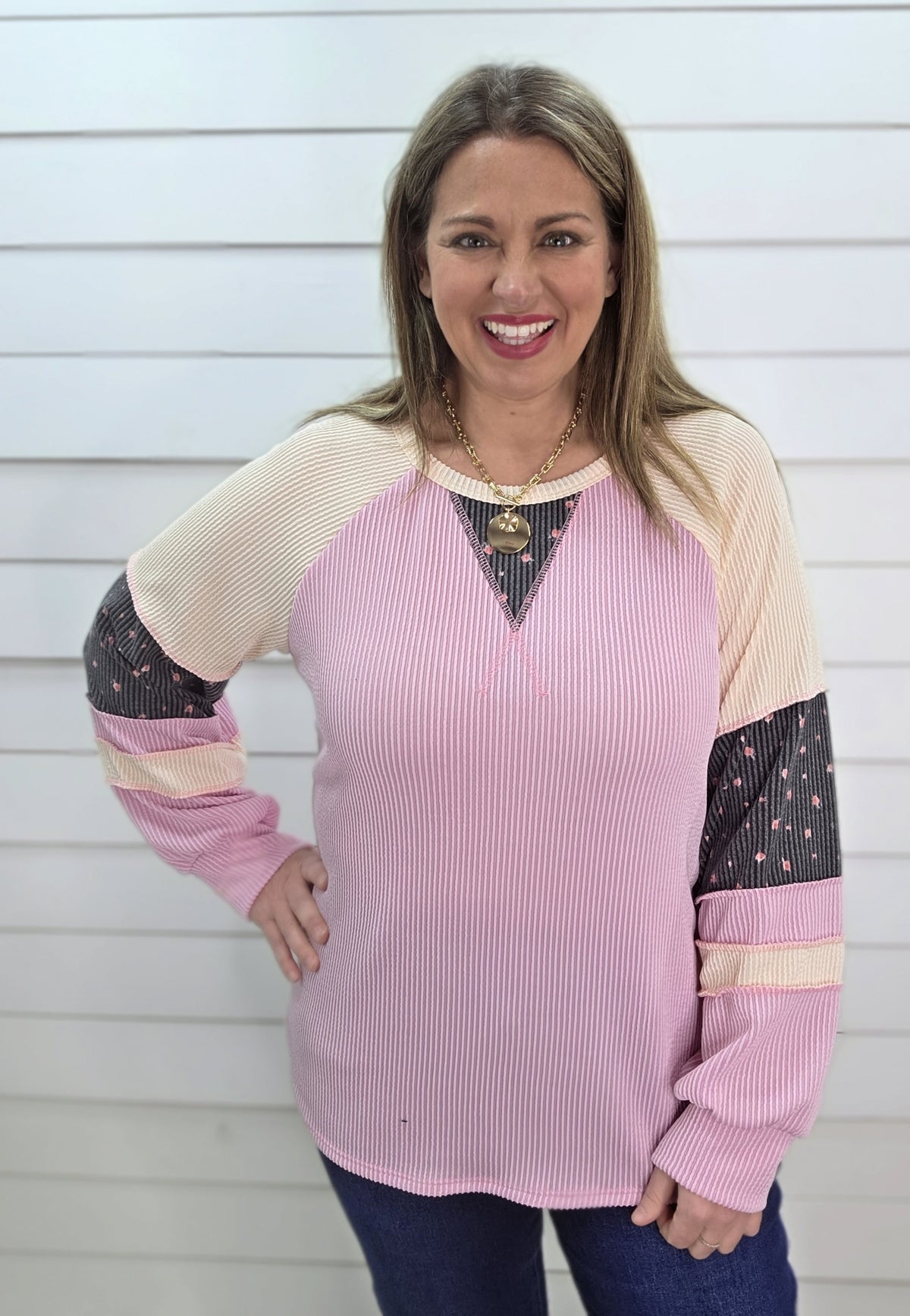 PINK RAISED RIBBED COLORBLOCK/FLORAL SLEEVE KNIT TOP
