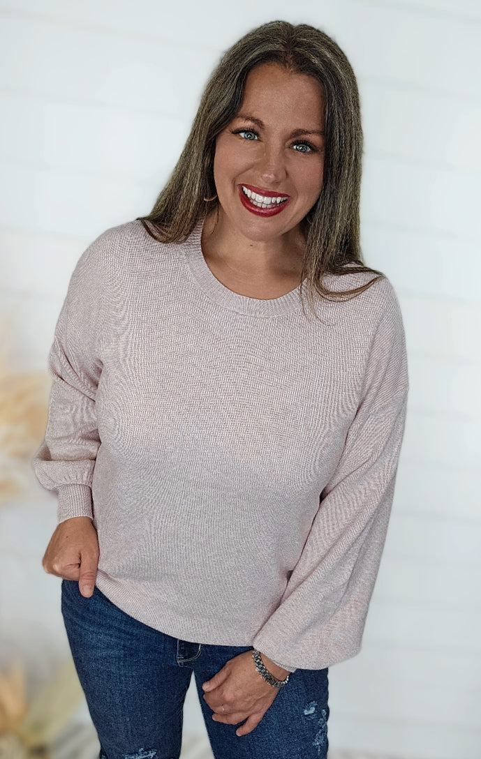 HEATHER PEONY ULTRA SOFT RIBBED CREW NECK TOP