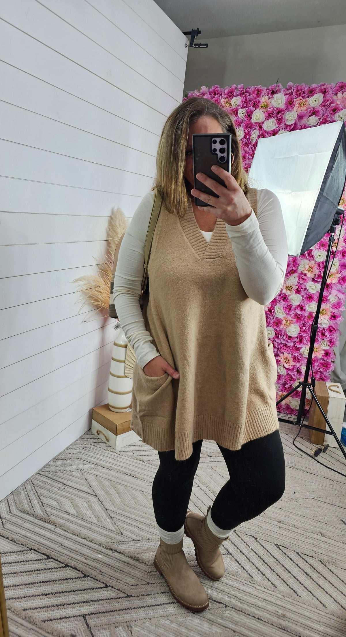 TAUPE OVERSIZED SWEATER VEST TUNIC W/ POCKETS