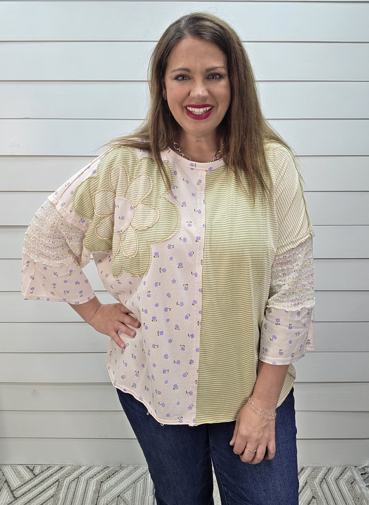 STRIPED/FLORAL OVERSIZED HALF SLEEVE KNIT TOP