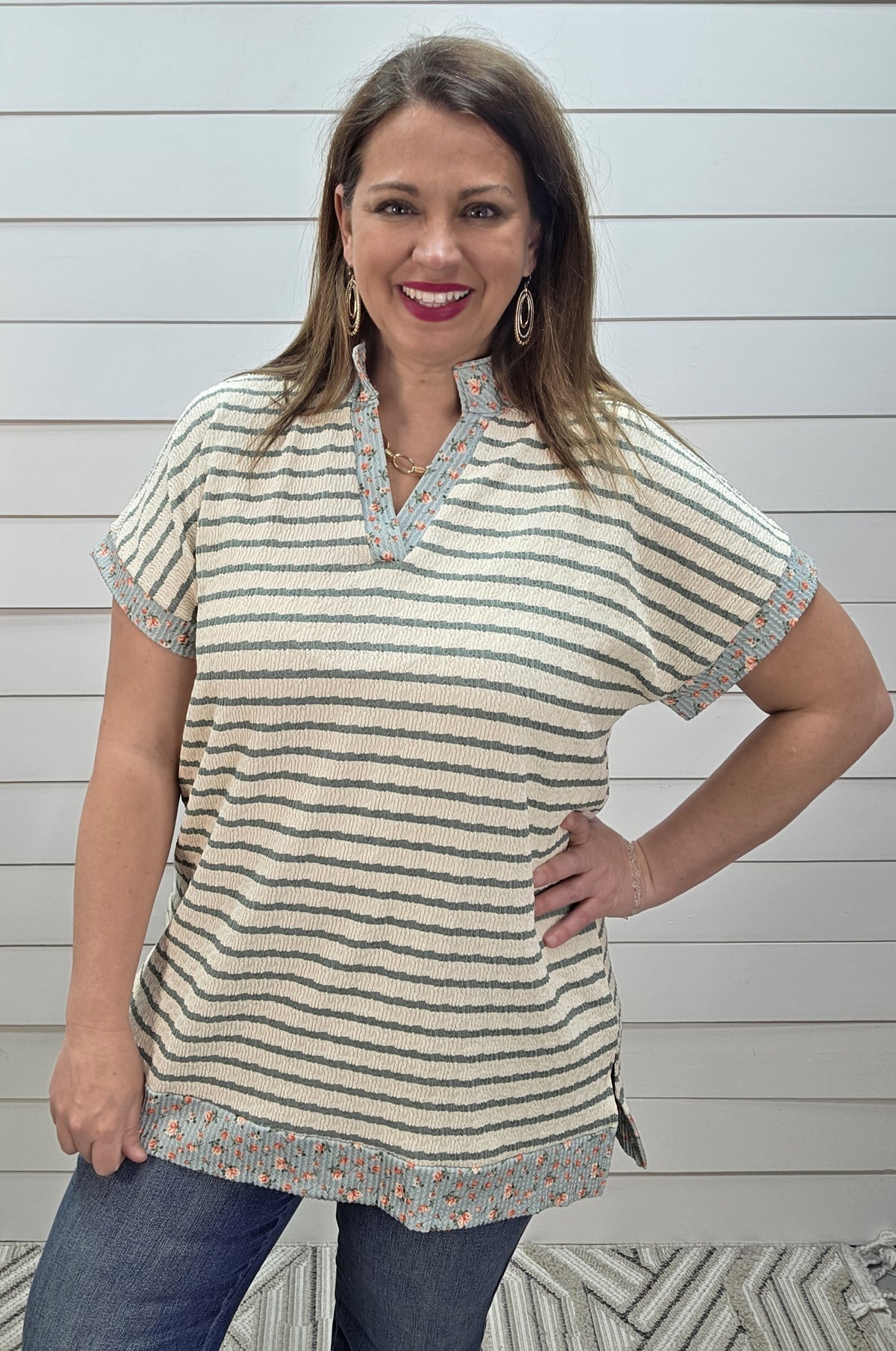 CREAM/SAGE STRIPED TEXTURED TOP W/ FLORAL TRIM