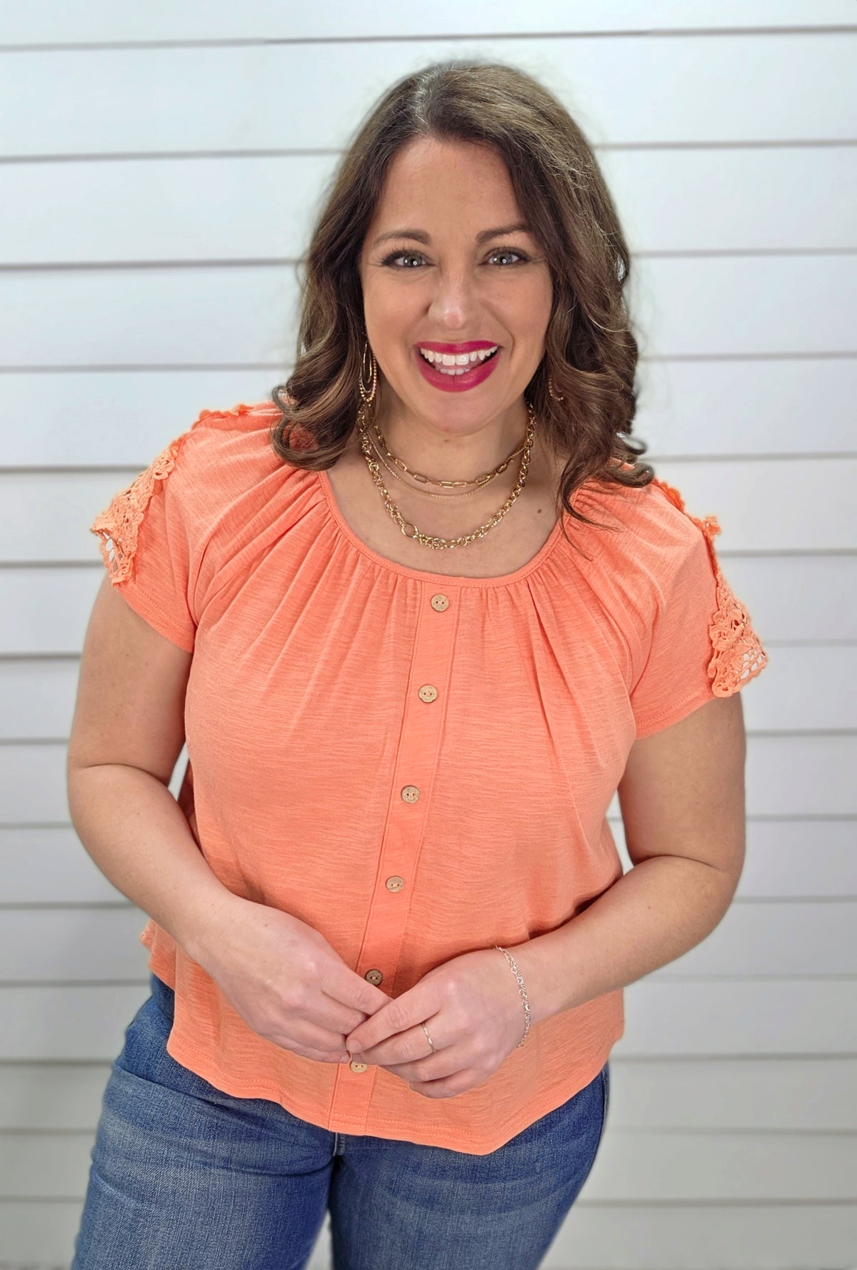 ORANGE COTTON SLUB TOP W/ LACE SLEEVES AND FAUX BUTTONS