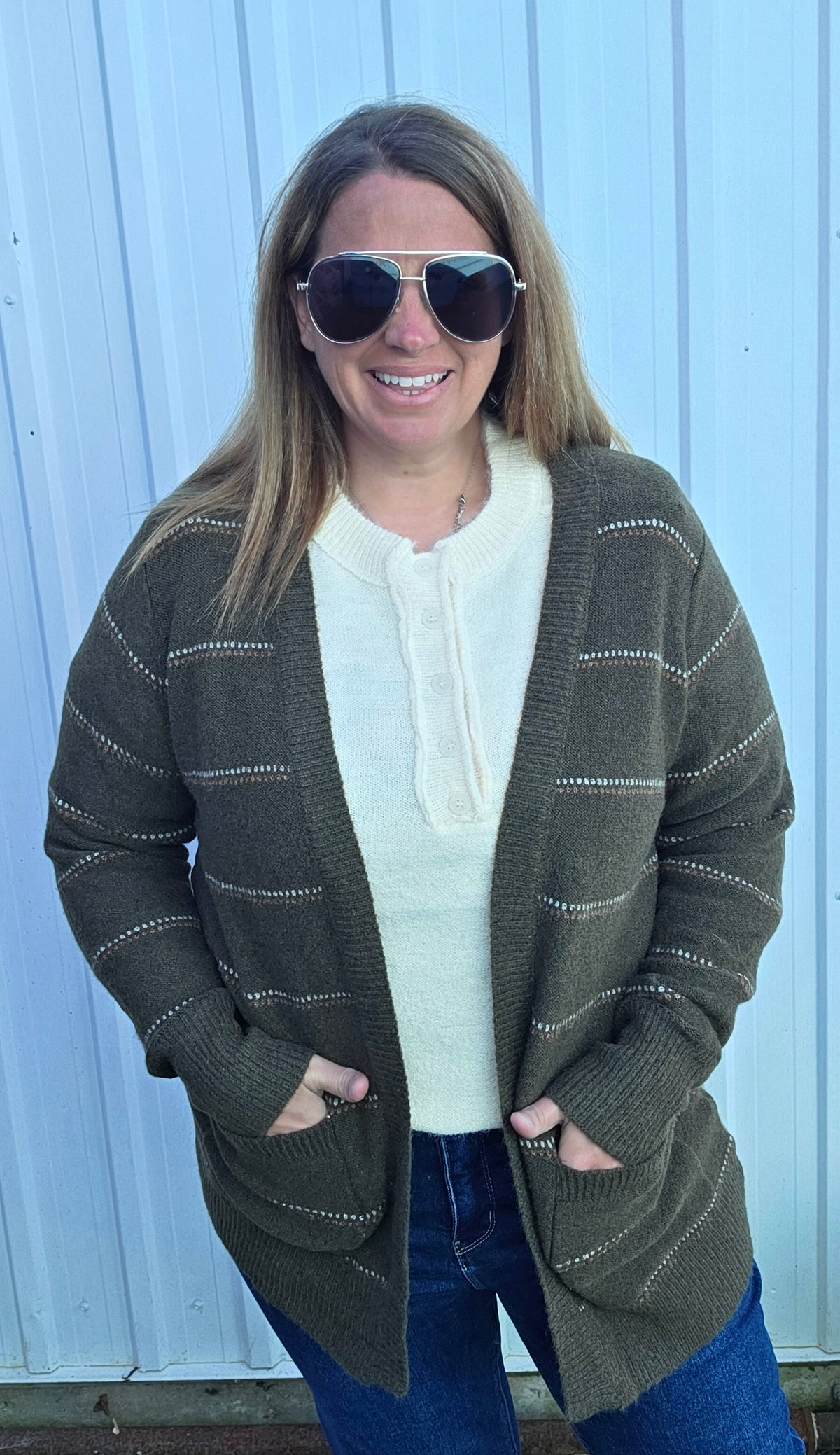 Olive Texture Multi Striped, Open Front Cardigan