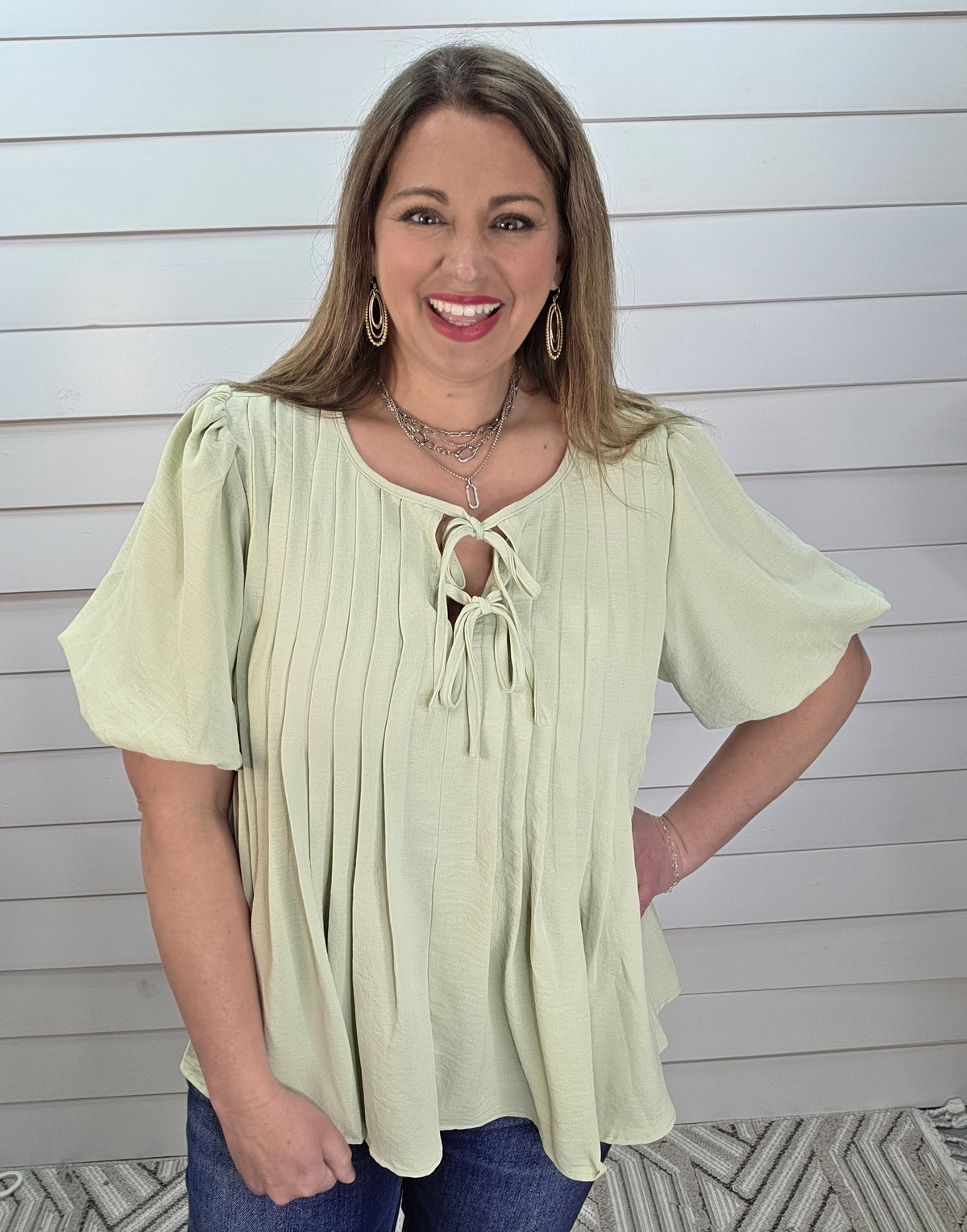 SAGE SCOOP NECK PLEATED TIE DETAIL WOVEN TOP