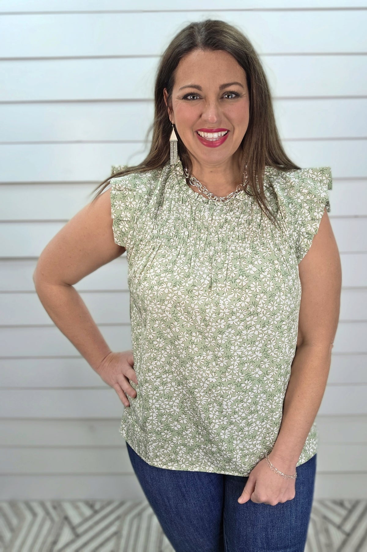 SAGE FLORAL HIGH NECK GATHERED CHEST WOVEN TOP