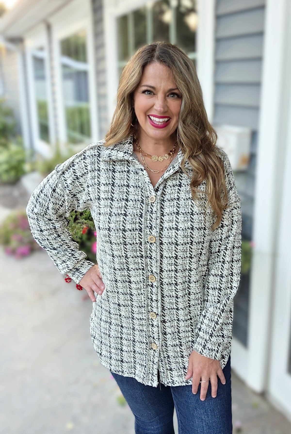 BLACK/CREAM GLITZ FULL BUTTON DOWN TWEED TOP