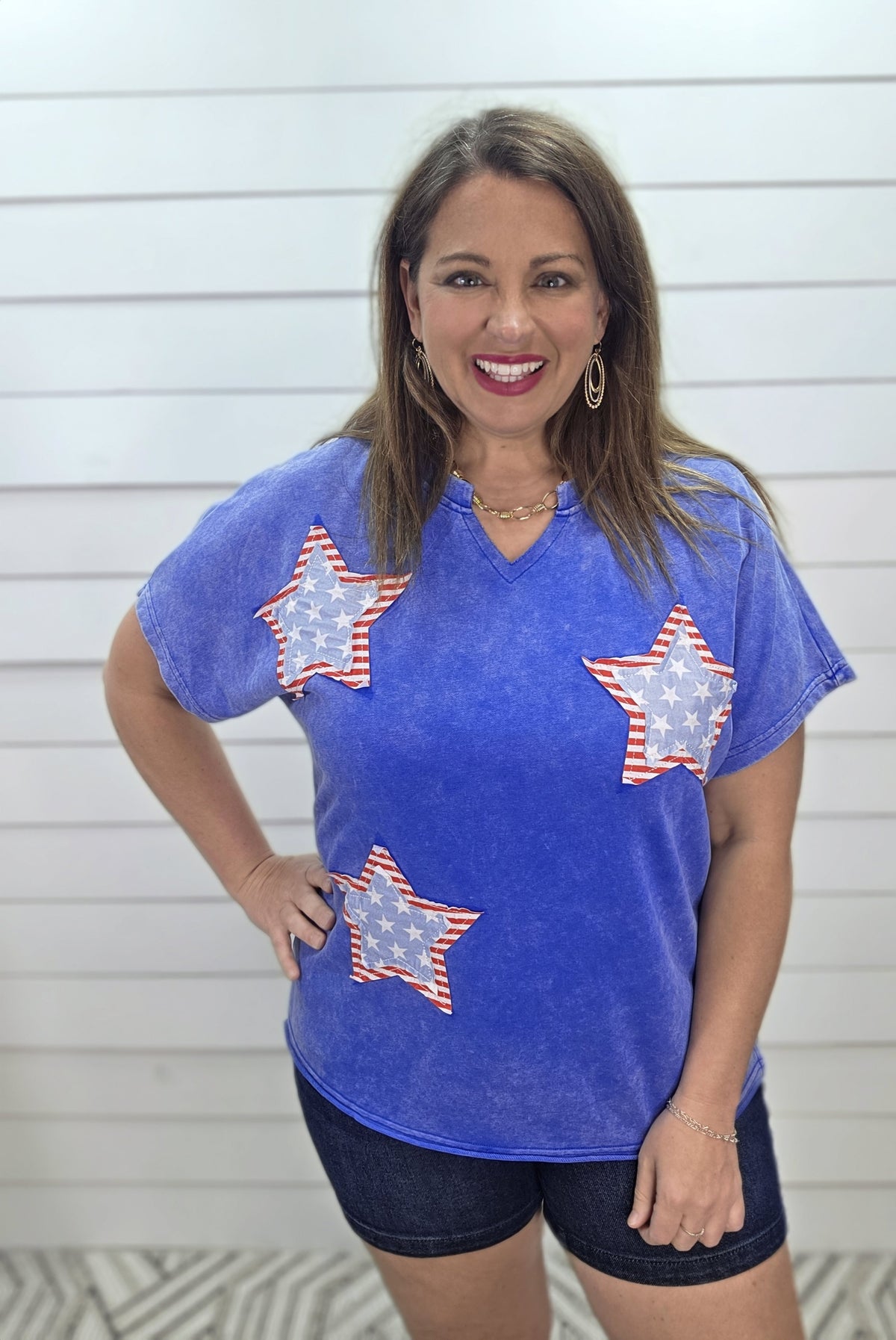 BLUE MINERAL WASH STAR KNIT TOP
