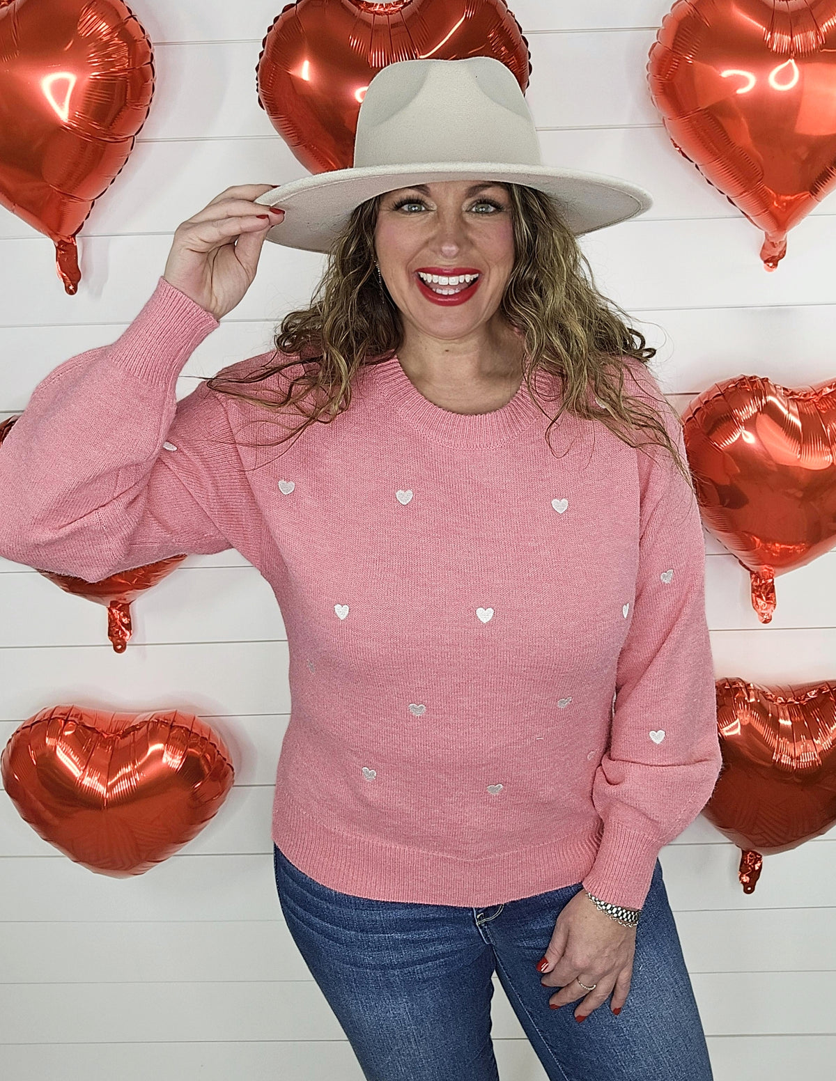 PINK/WHITE HEART EMBROIDERED SWEATER