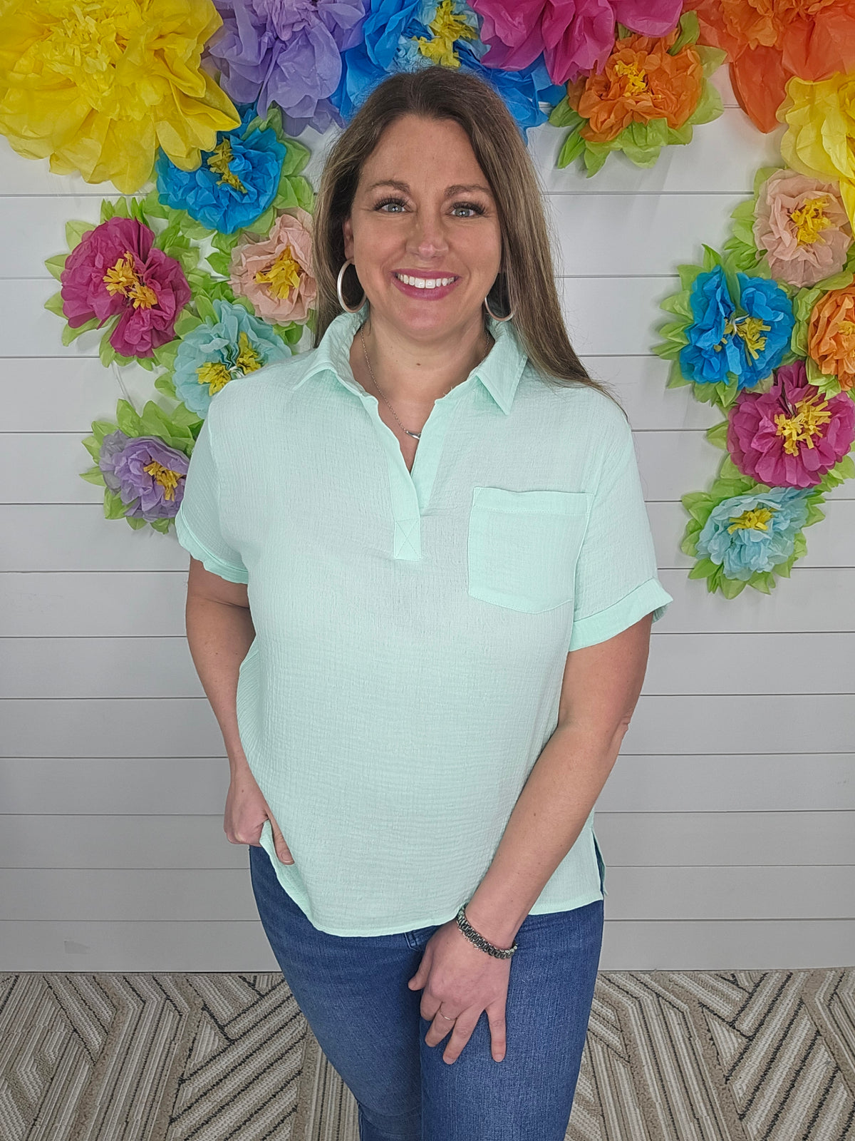 MINT COTTON GAUZE POCKET TOP