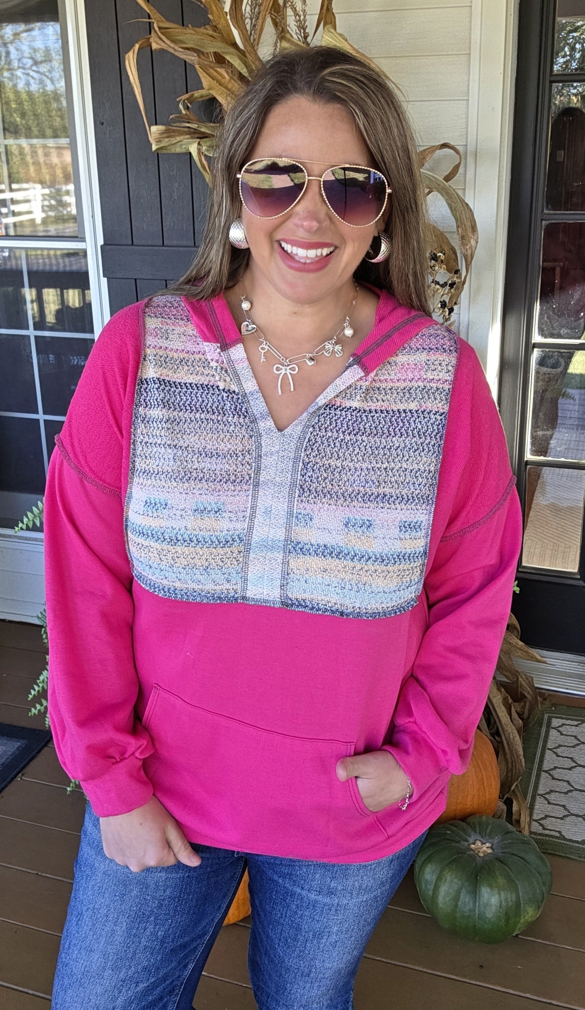 FUSCHIA MULTI COLOR CONTAST LIGHT WEIGHT FRENCH TERRY HOODIE