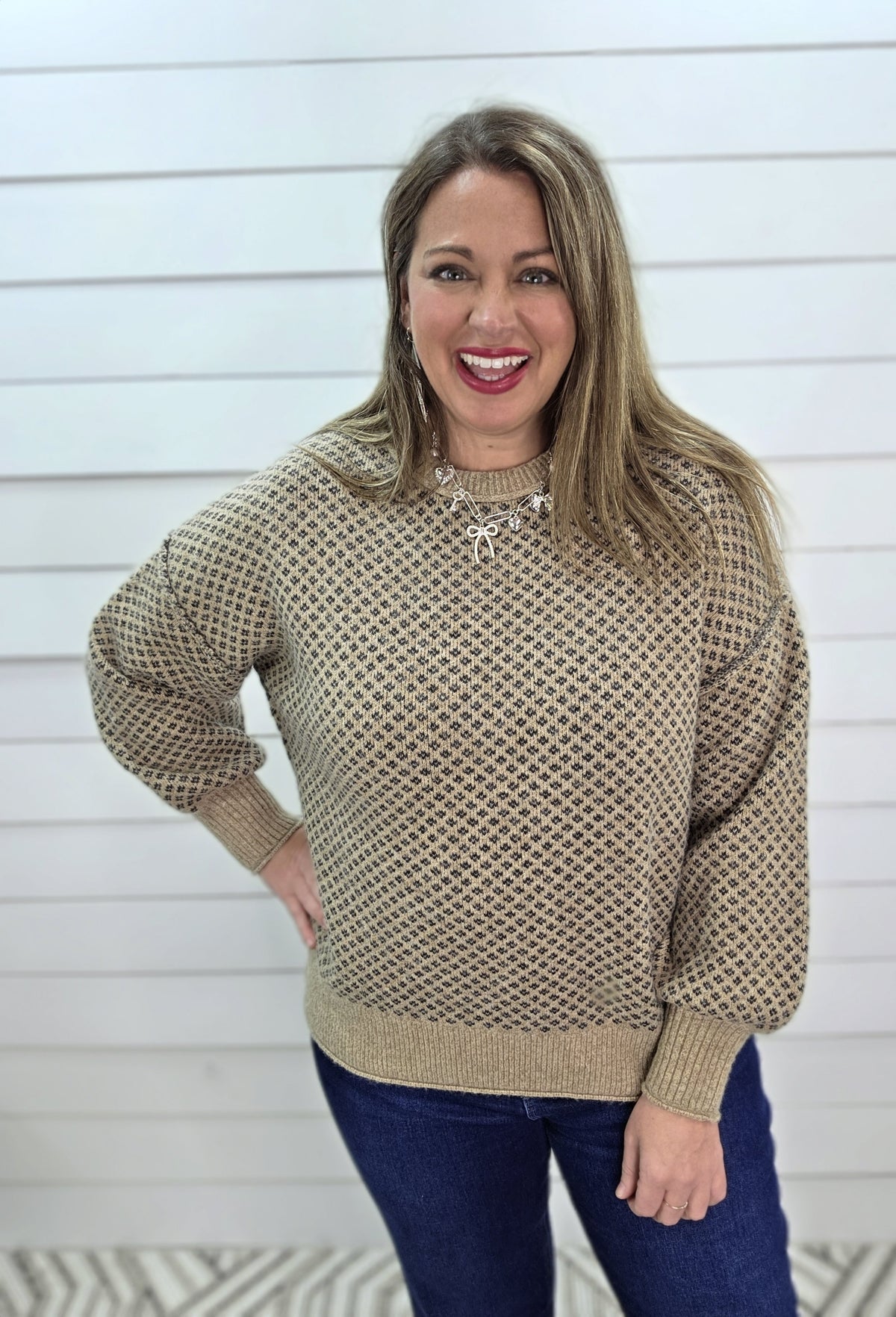 KHAKI MINI JACQUARD CREW NECK LONG SLEEVE SWEATER