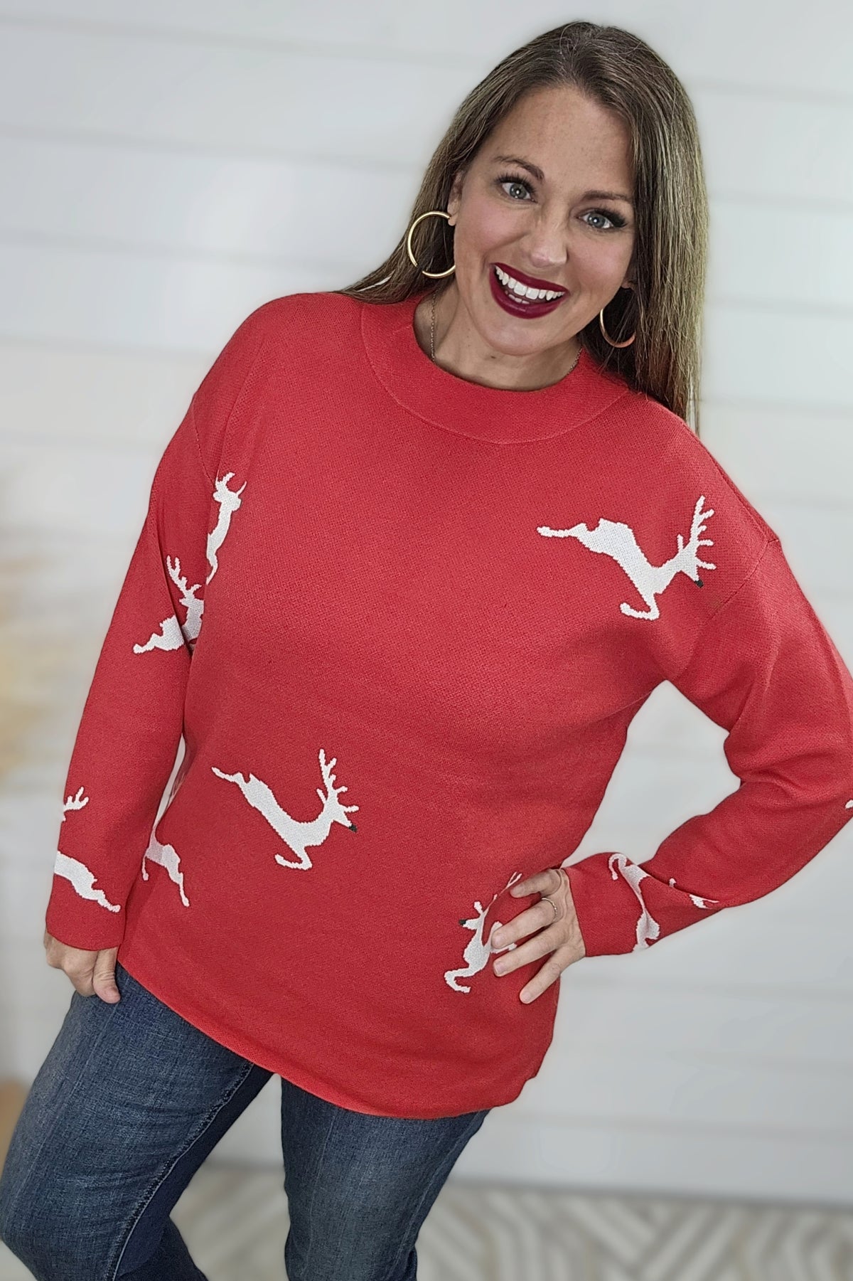 RED MOCK NECK REINDEER SWEATER