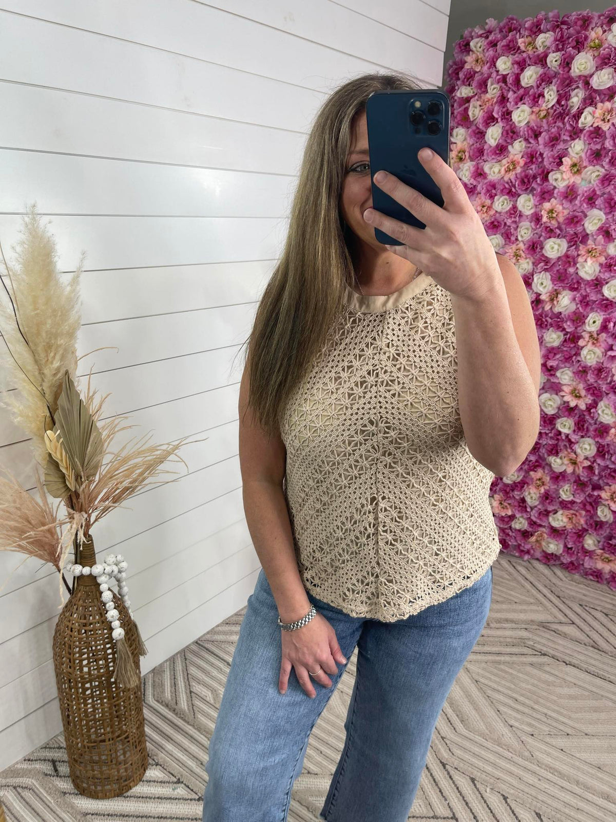TAUPE CROCHET LACE OVERLAY TANK
